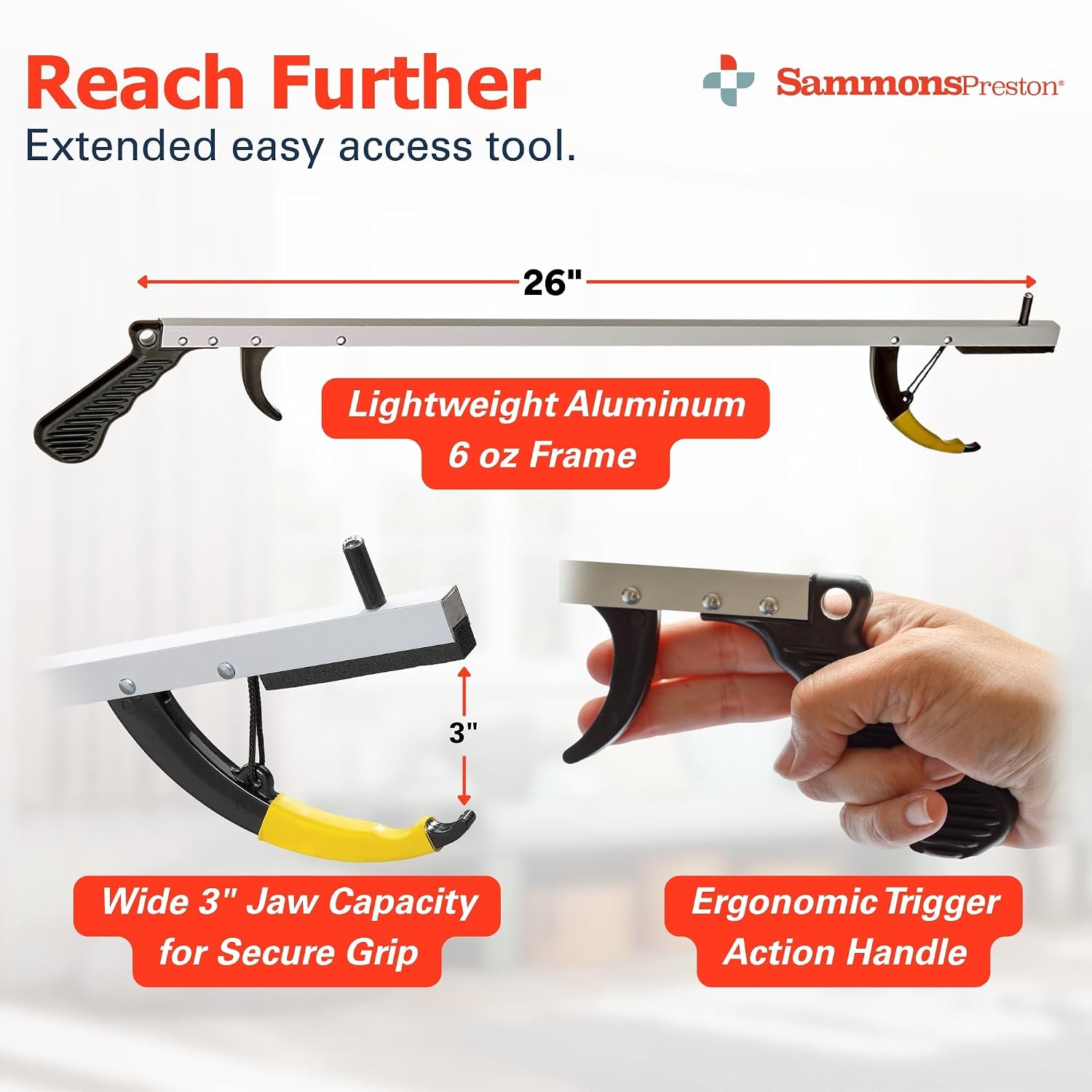 Sammons Preston Reacher, 32" Grabber Tool for Seniors, Magnetic Tip, Silver | Lightweight grabber reacher tool with magnetic tip, ergonomic grip and claw jaw, a reaching aid for seniors