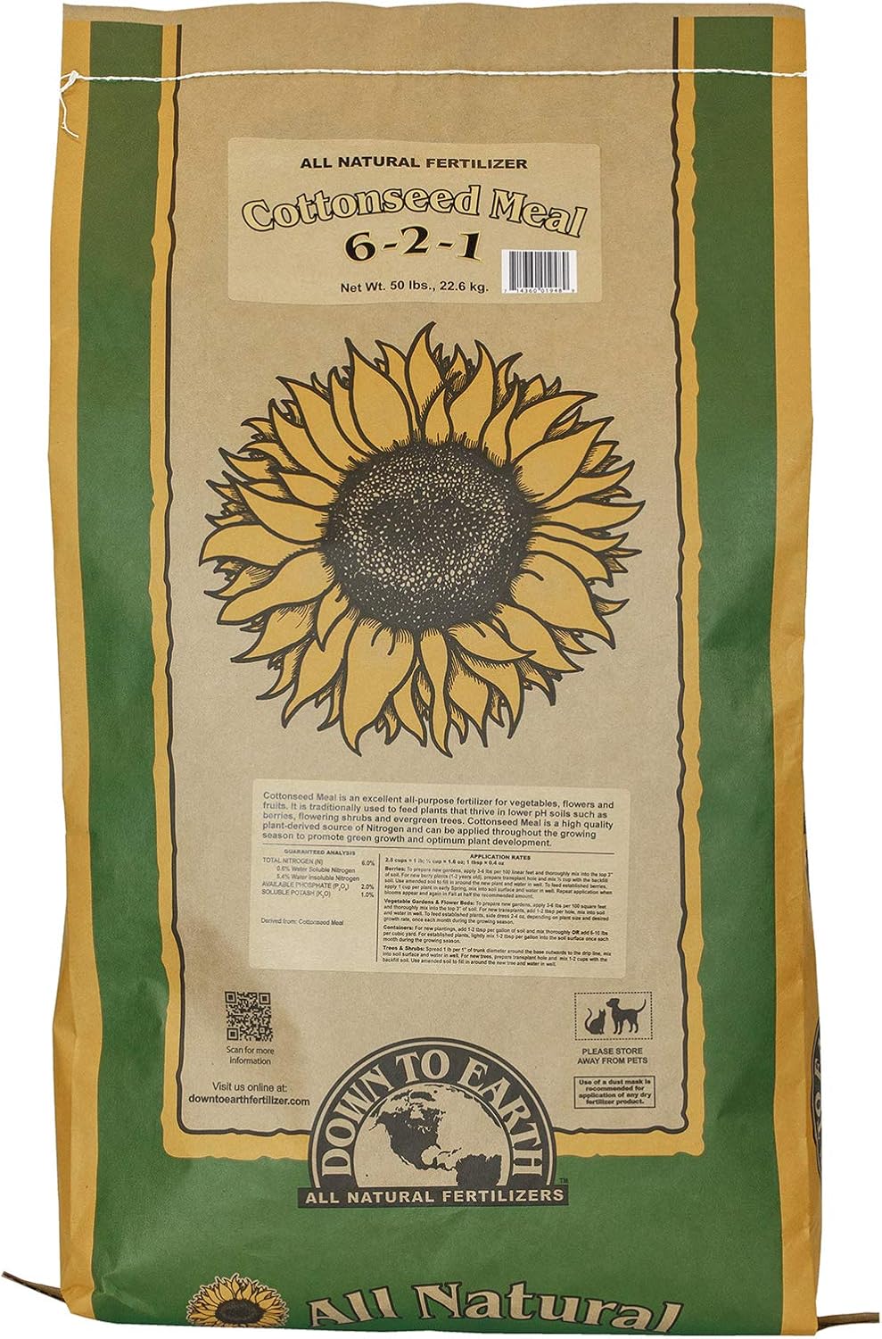 Down To Earth All Natural Fertilizers Organic Cottonseed Meal - 6-2-1, 20lb | Plant Food for Low pH, Acid Soil Loving Plants, High Nitrogen, Vegetable Gardens, Fruit Trees, Blueberries, Potatoes