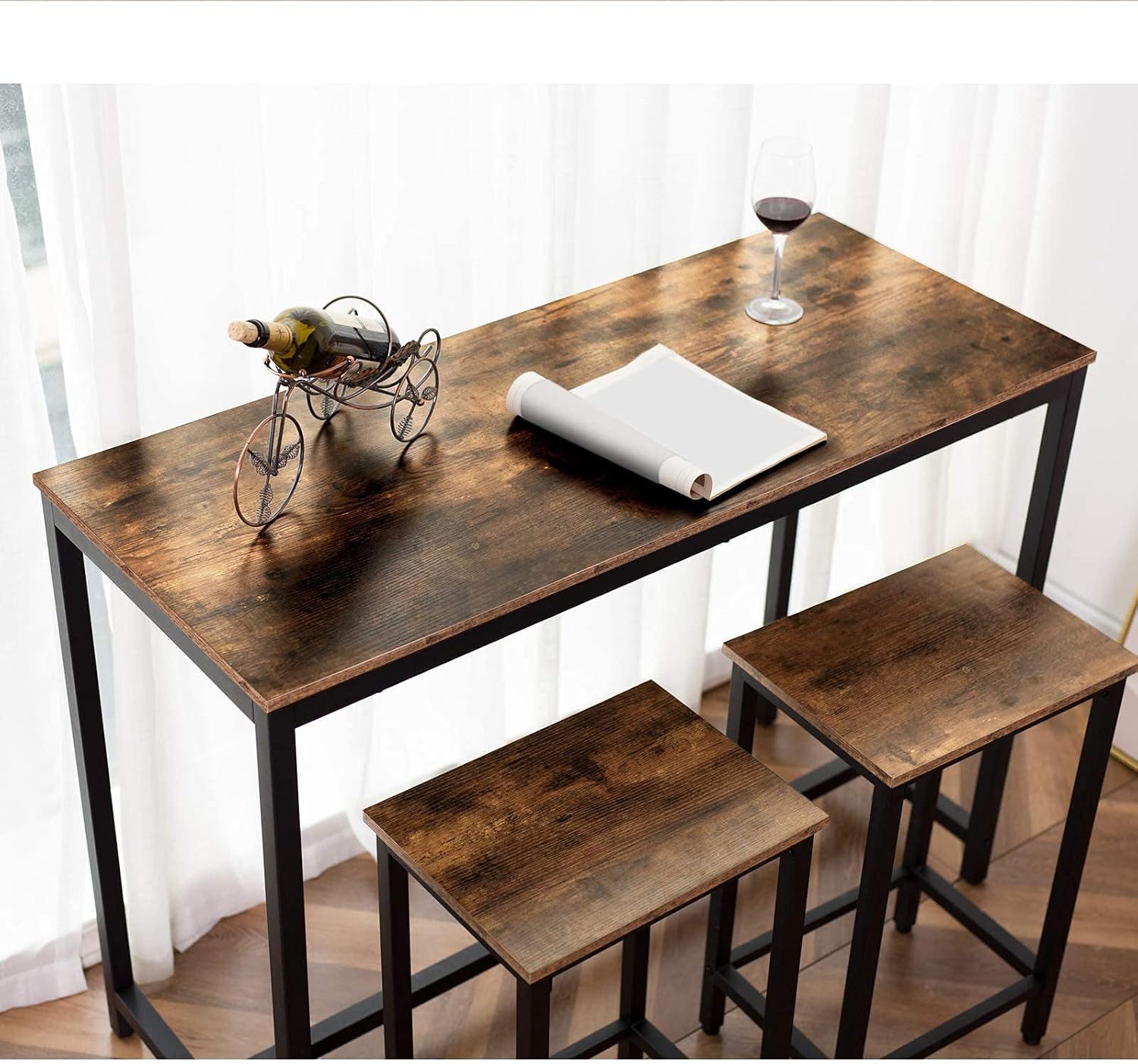 HOOBRO Bar Table and Chairs Set, 47.2” Rectangular Pub Table with 2 Stools for Small Space, 3-Piece Breakfast stools Set, Sturdy Metal Frame