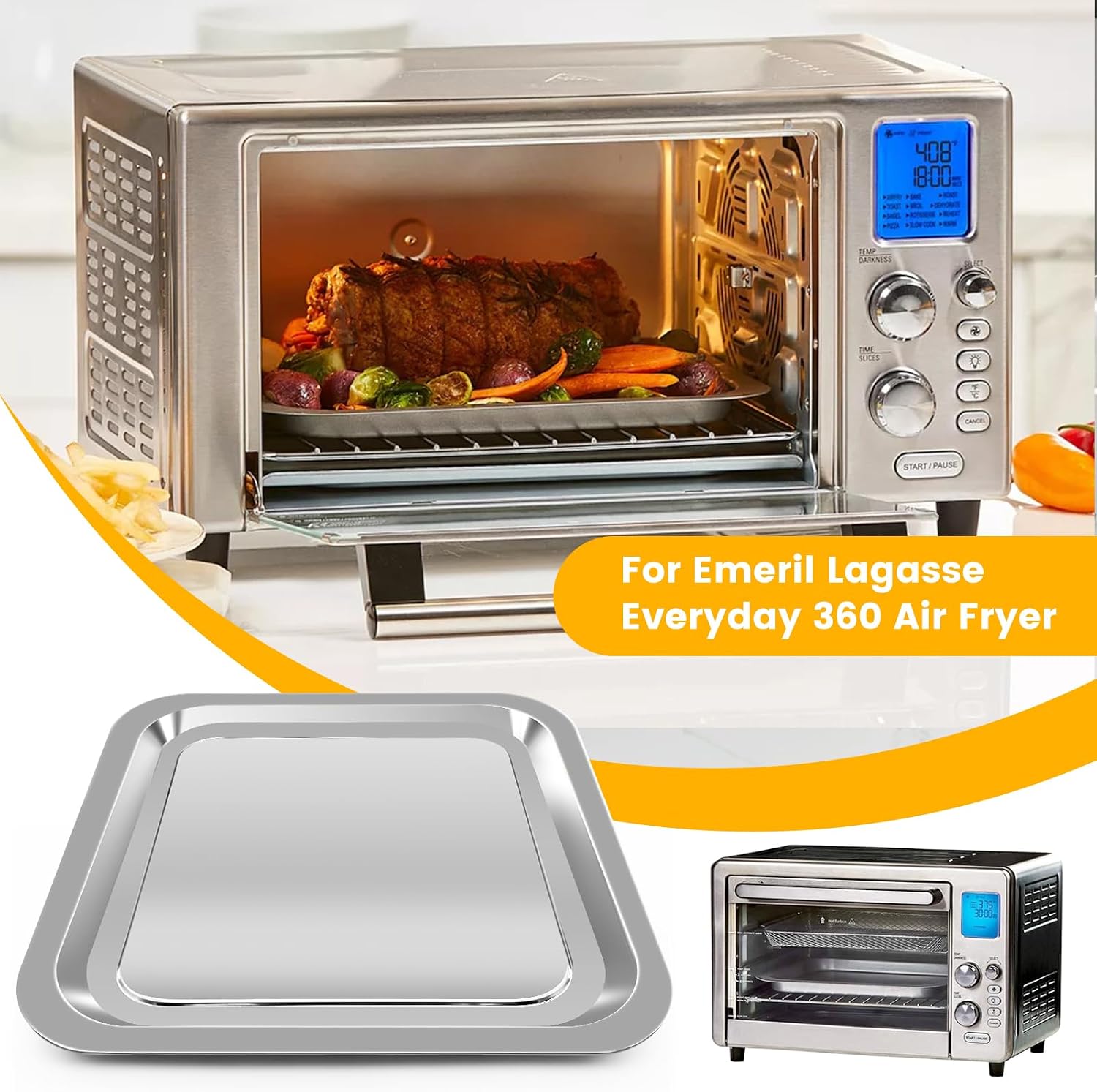 Air Fryer Grill Pan for Emeril Lagasse Everyday 360 Air Fryer, 12''×10'' Stainless Steel Air Fryer Accessories Replacement Crisper Tray Bake Pan, Not fit for Emeril Lagasse 26 QT 25 QT French Door