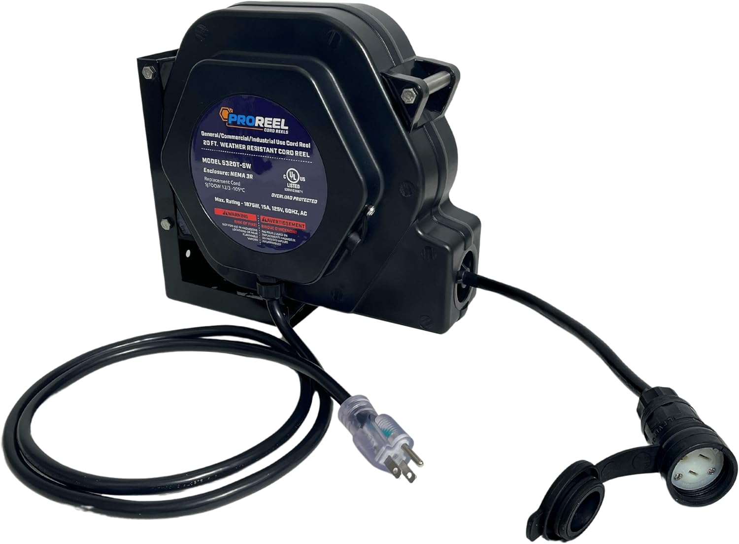 NEMA 3R Weatherproof Indoor/Outdoor 20 Ft Extension Cord Reel Alert Stamping Pro Reel 5320T-SW