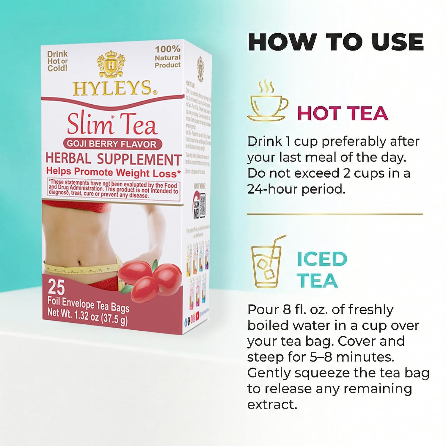 HYLEYS Slim Tea Goji Berry, Weight Loss Detox, Slimming Diet Tea, 25 Bags | Green Tea, Senna Detox & Cleanse, 3 Natural Ingredients, No Added Sugar, 1-Step Bedtime Routine, Supports Digestion