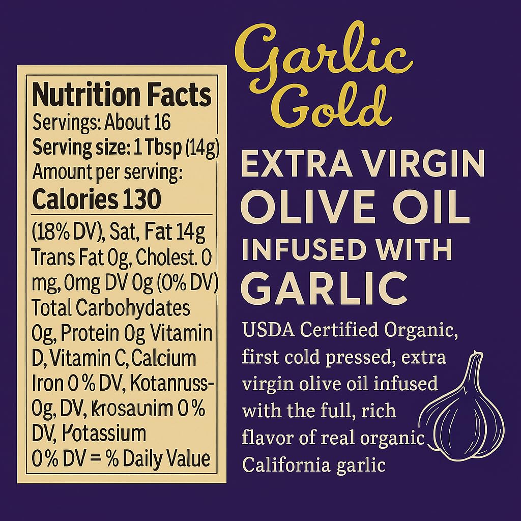 Garlic Gold Extra Virgin Olive Oil Infused with Garlic, Premium Certified USDA Organic, Low FODMAP, Cold Pressed (250 mL, 6 Pack) | 8.44 Fl Oz - 250 ml (6 Pack), First Cold Pressed, Hand Crafted, Artisanal, USDA Organic, Low FODMAP, Gluten Free