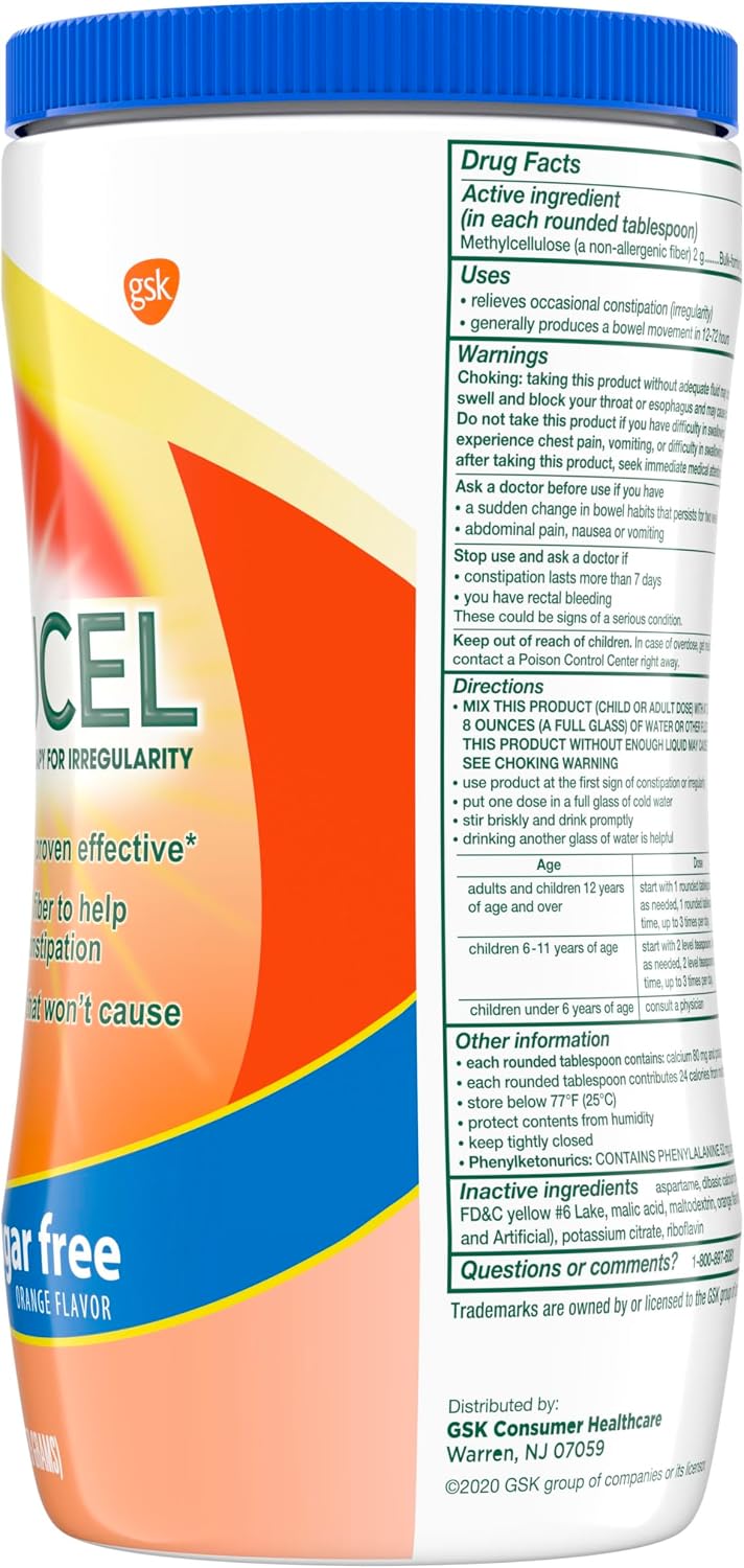 Citrucel Powder Fiber Therapy for Occasional Constipation Relief, 16.9 oz | Sugar Free, Methylcellulose Fiber Therapy for Irregularity That Won't Cause Gas, Orange Flavor