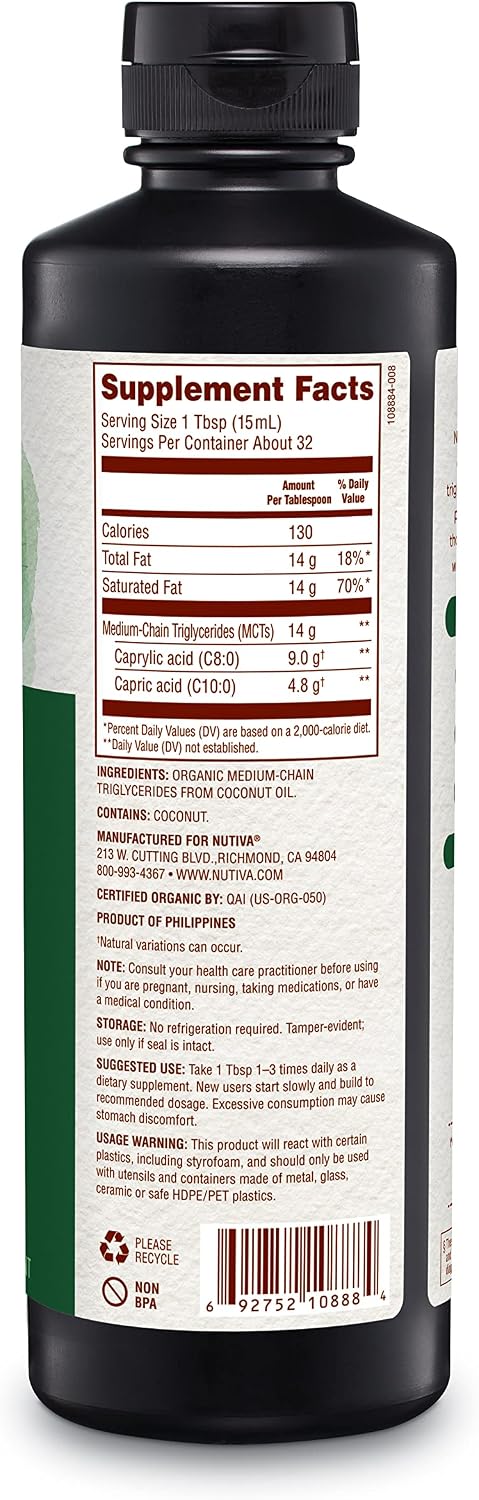 Nutiva Organic MCT Oil, Unflavored, 32 Oz, USDA Organic, Non-GMO, Non-BPA, Whole 30 Approved, Vegan, Gluten-Free & Keto, 14g MCT per Serving & Neutral Flavor for Energy Boost to Coffee, Shakes and Salads