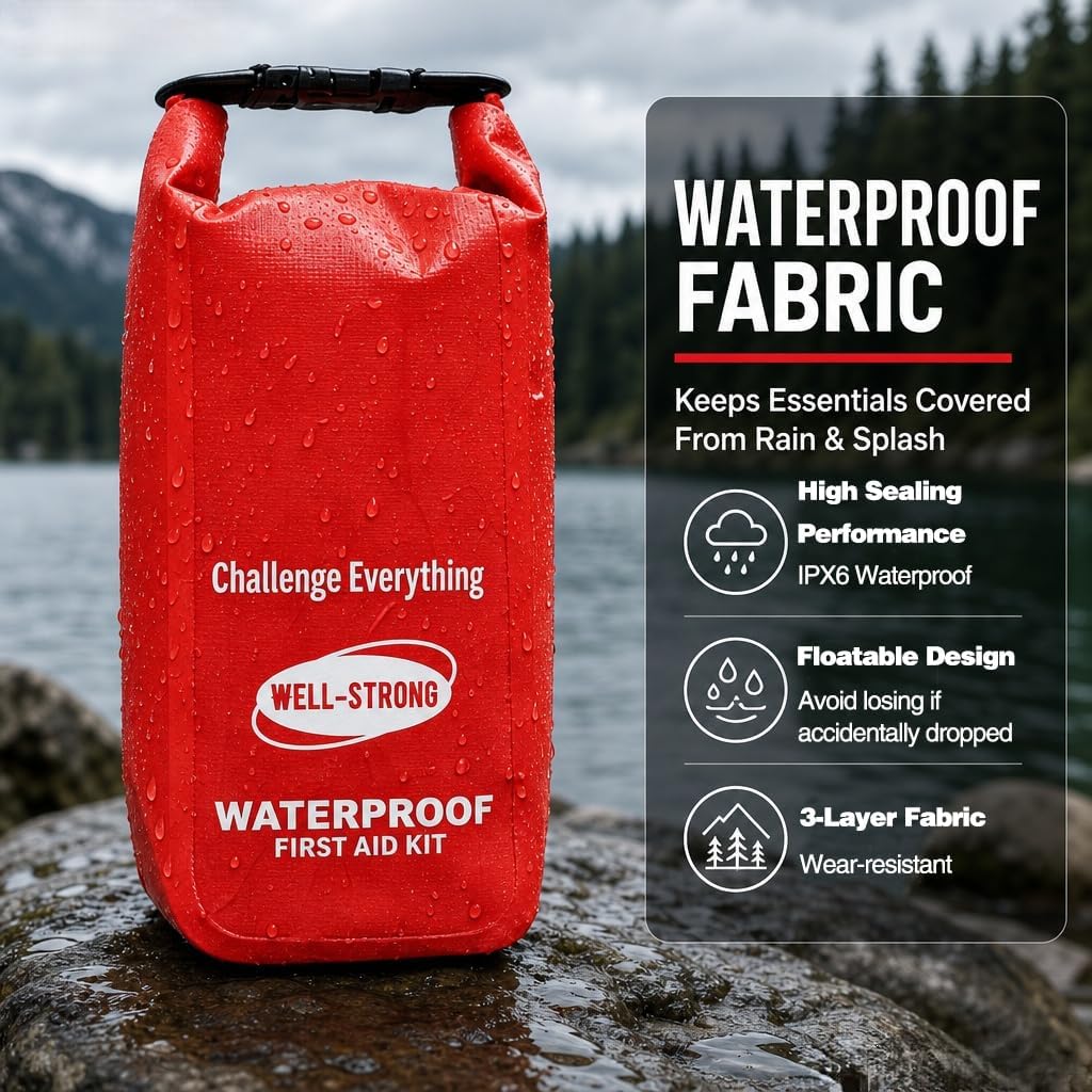 Waterproof First Aid Kit Roll Top Boat Emergency Kit with Waterproof Contents for Fishing Kayaking Boating Swimming Camping Rafting Beach Red
