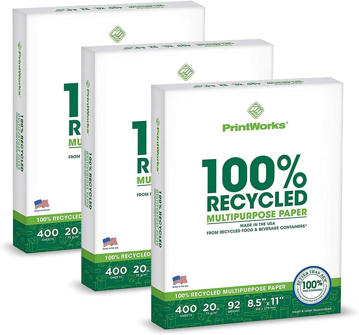 PrintWorks 100% Recycled Printer Paper 8.5" x 11" White - 20 lb Copy & Multipurpose Computer Paper - 1 Pack, 400 Sheets - Made in the USA - 92 Bright - Printer & Copier Compatible (00018)