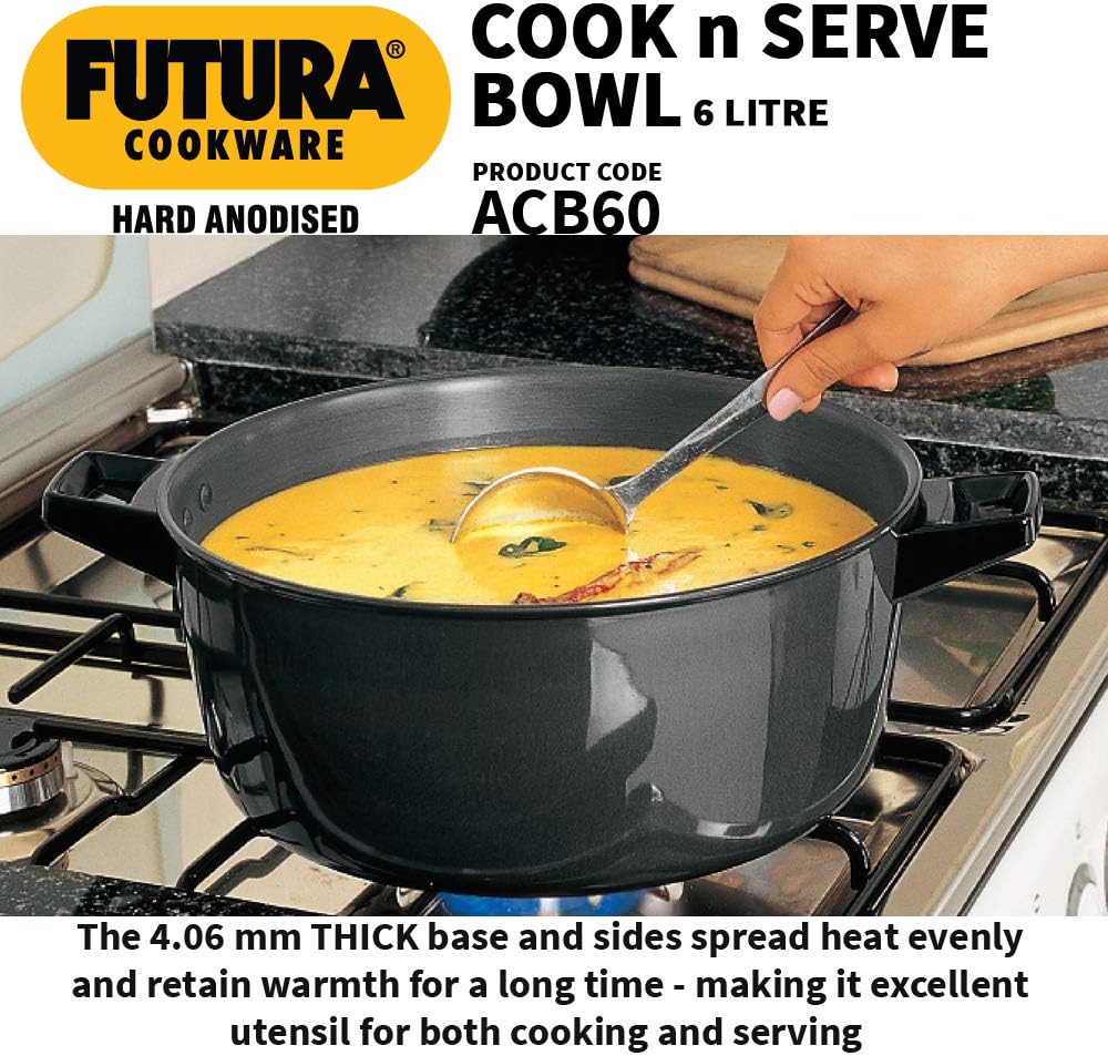 Hawkins Futura 6 Litre Cook n Serve Bowl, Hard Anodised Saucepan with Hard Anodised Lid, Sauce Pan for Cooking and Serving, Black (ACB60) (Aluminium)