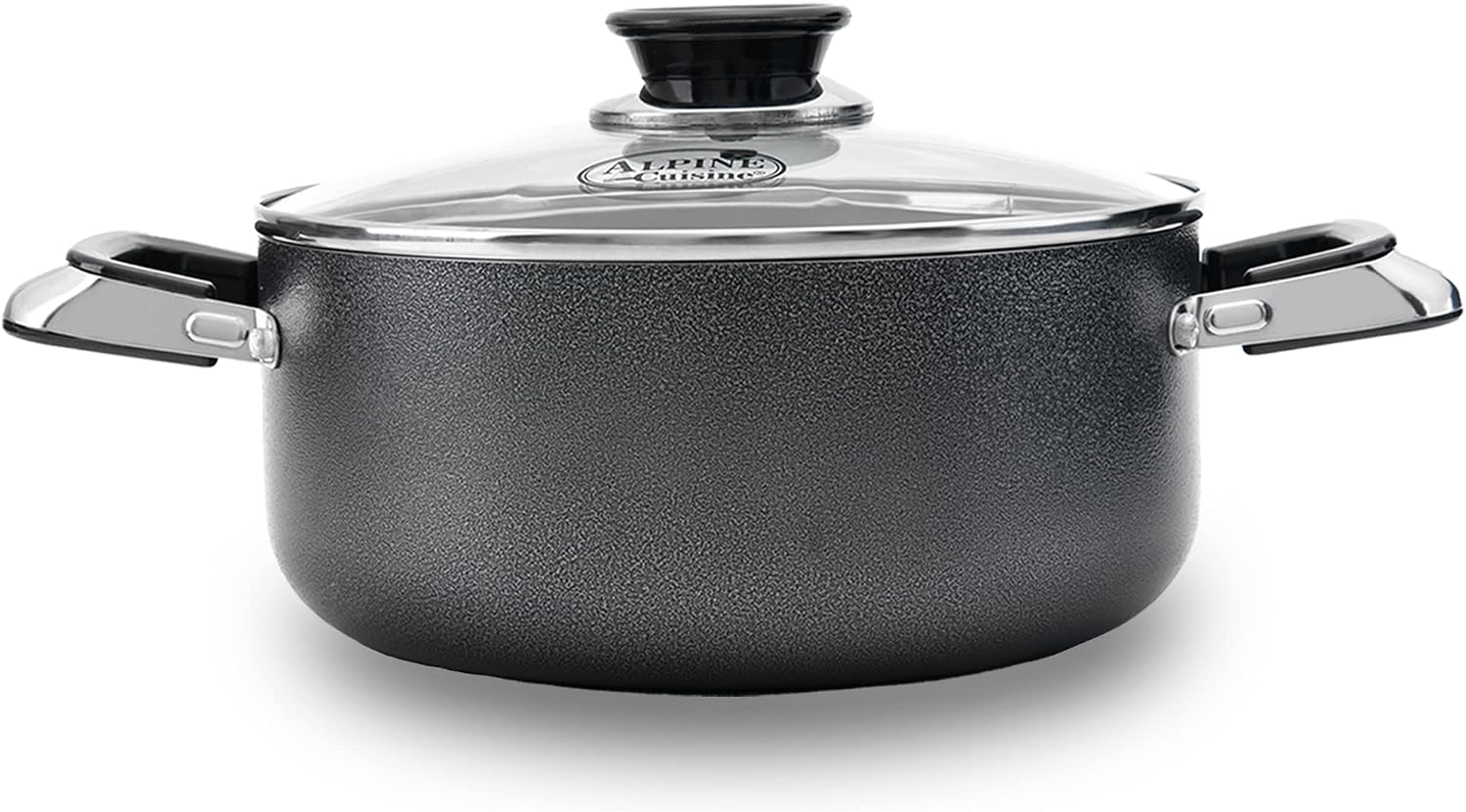 Alpine Cuisine 4 Quart Non-stick Stock Pot with Tempered Glass Lid and Carrying Handles, Multi-Purpose Cookware Aluminum Dutch Oven for Braising, Boiling, Stewing