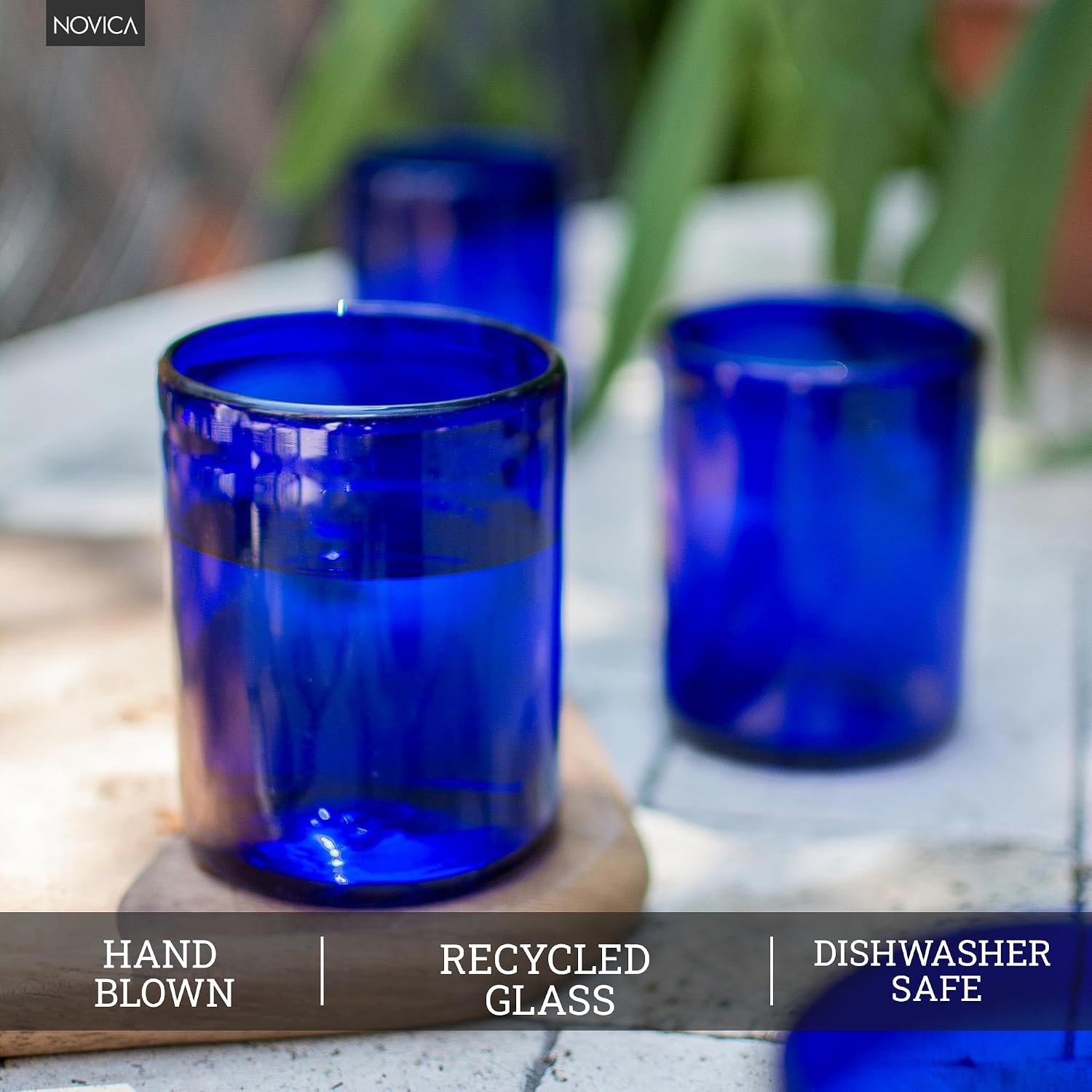 NOVICA Artisan Crafted Hand Blown Blue Recycled Glass Tumbler Glasses, 12 Oz 'Cobalt Dreams' (Set Of 6)