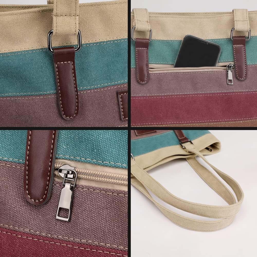 Canvas Handbag Multi-Color Striped Lattice Cross Body Shoulder Purse Bag Tote-Handbag for Women