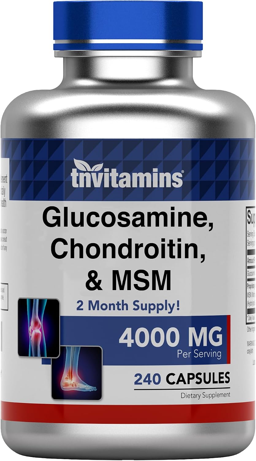 tnvitamins Glucosamine Chondroitin MSM Capsules, 240 Count | 4, 000 mg Per Serving | 2, 000 mg Glucosamine Sulfate 2KCl + 2