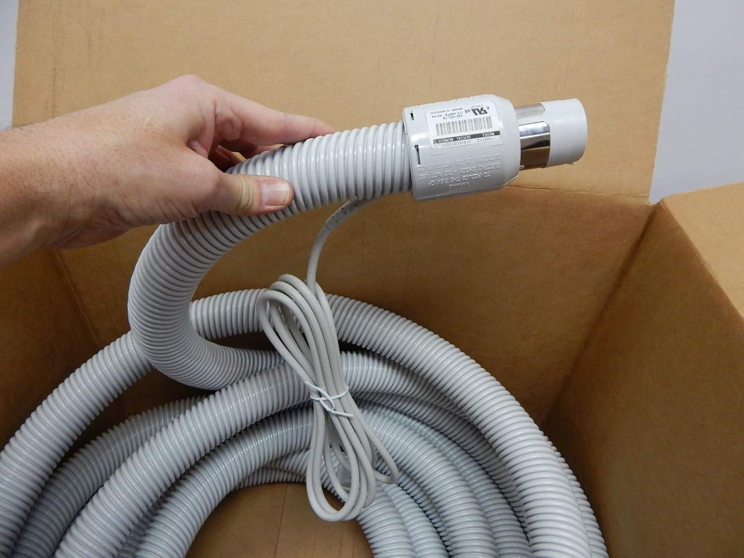 35ft Electric Hose, Plastic, Central Vacuum Hose, Grey/Silver, 1.5" Wall End Cuff, 8ft Pigtail, 7.29lbs