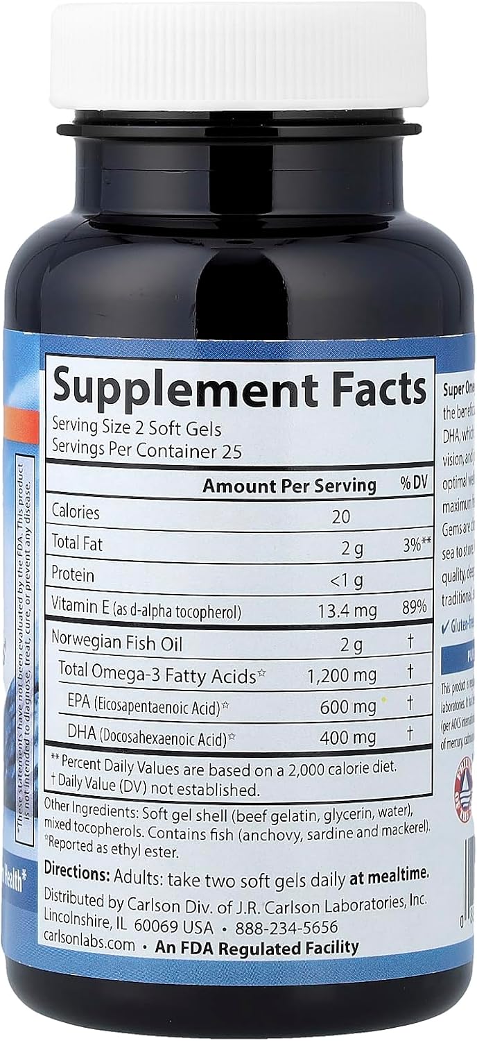 Carlson Super Omega-3 Gems, 1200 mg, Omega-3s, 50 Softgels | with EPA and DHA; Wild Caught Norwegian Fish Oil Supplement; Sustainably Sourced Fish Oil Capsules; Omega 3 Supplements