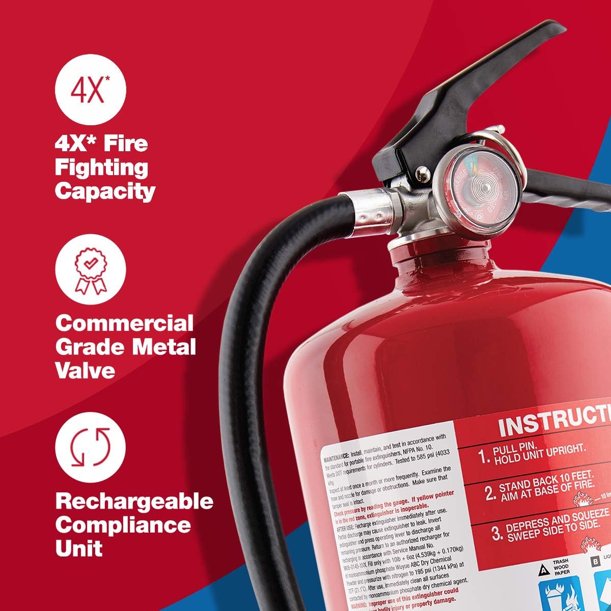 First Alert PRO5 Rechargeable Heavy Duty Plus Fire Extinguisher UL Rated 3-A:40-B:C, Red, 10 lbs | PRO5 Rechargable UL RATED 3-A:40-B:C, Red, 1-Pack
