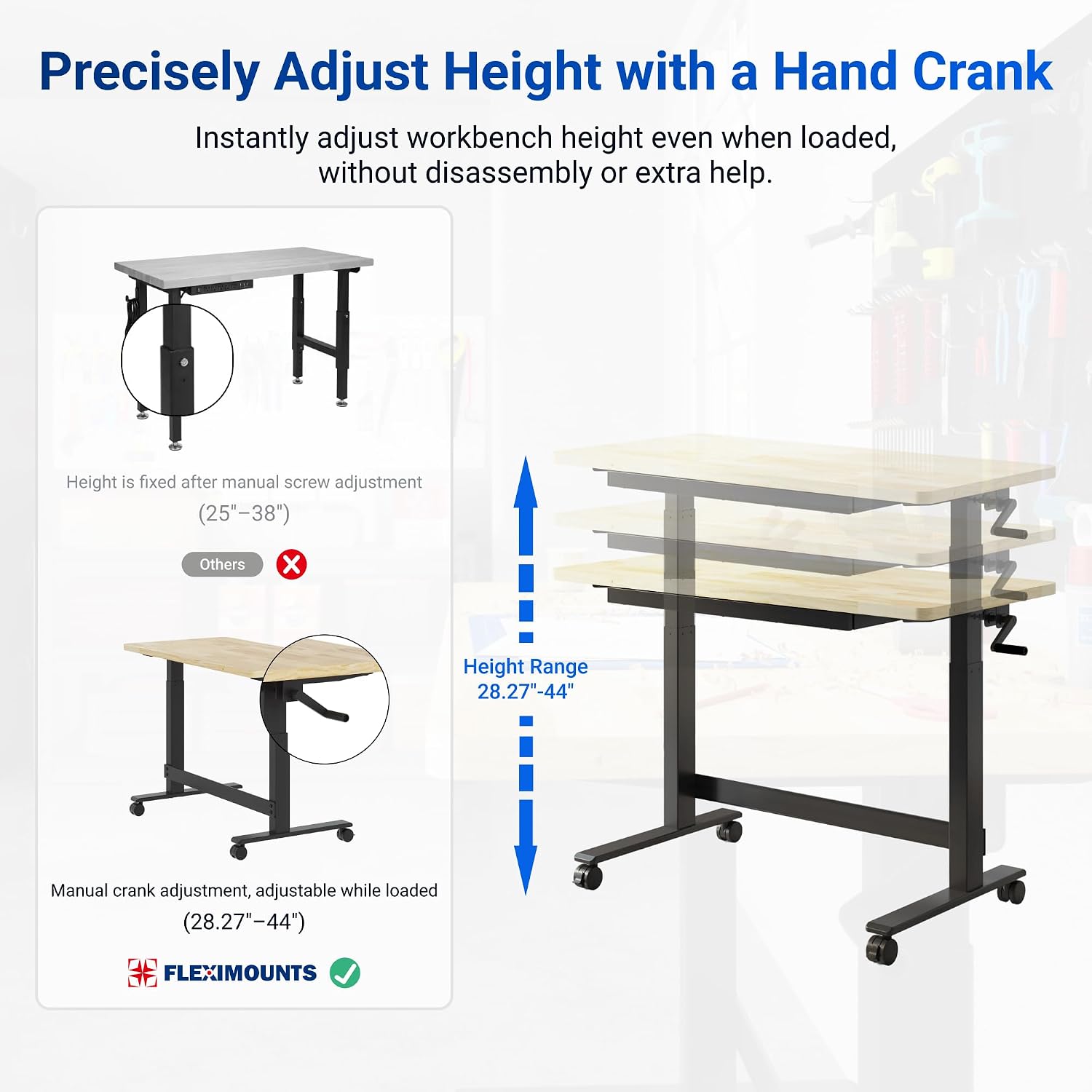 FLEXIMOUNTS 47.2" x 23.6" Adjustable Height Workbench, Hand Crank | Rubberwood Top, Heavy-Duty Steel Frame, Drawers And 360° Wheels