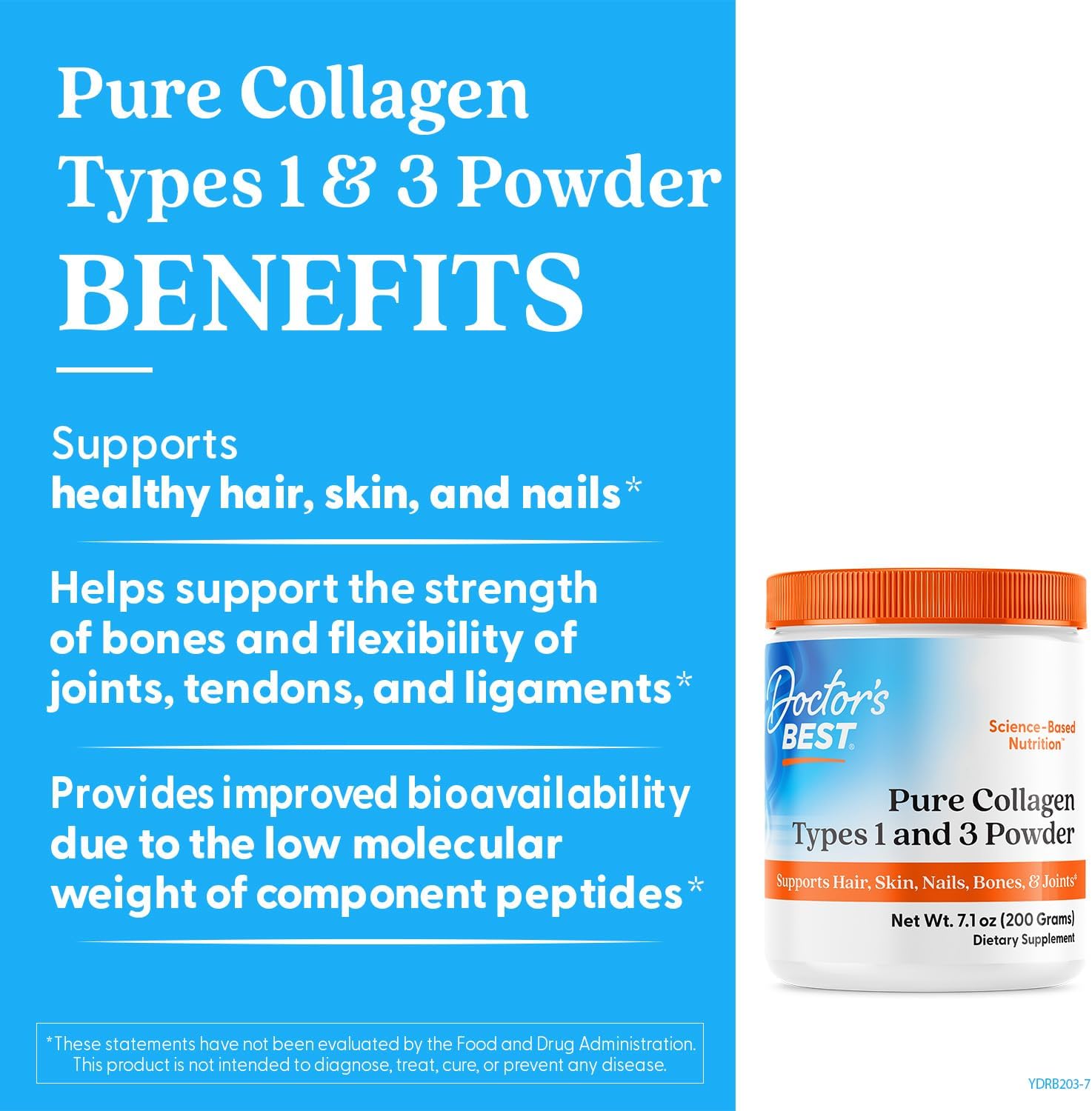 Doctor's Best Pure Collagen Types 1 & 3, Promotes Healthy Skin Hair & Nails – Bone & Joint Support, 7.1 Ounce (Pack of 1)