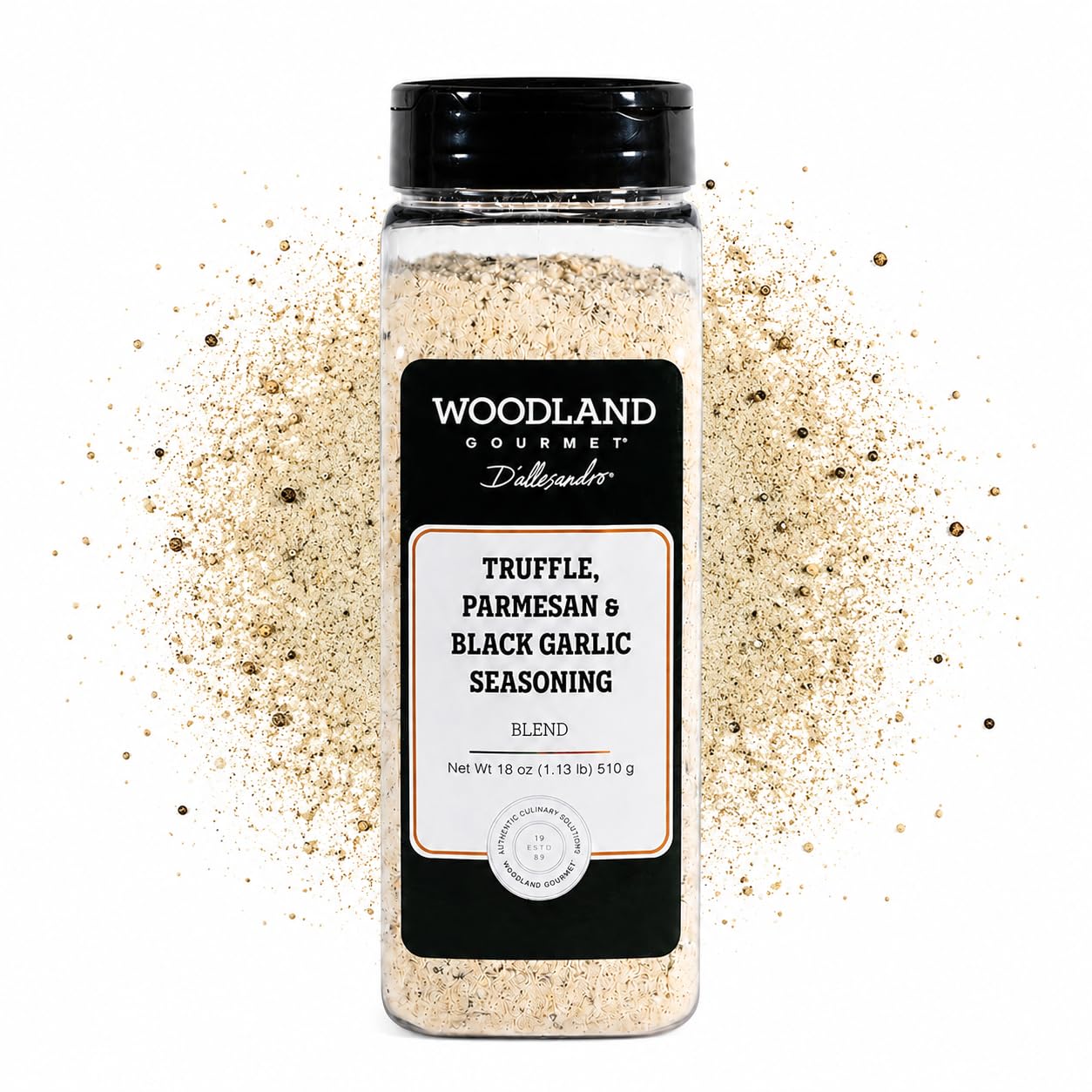Truffle Parmesan & Black Garlic Seasoning, 18 oz – Gourmet Finishing Cheese Blend with Black Truffle Salt & Fermented Black Garlic, by Woodland Gourmet