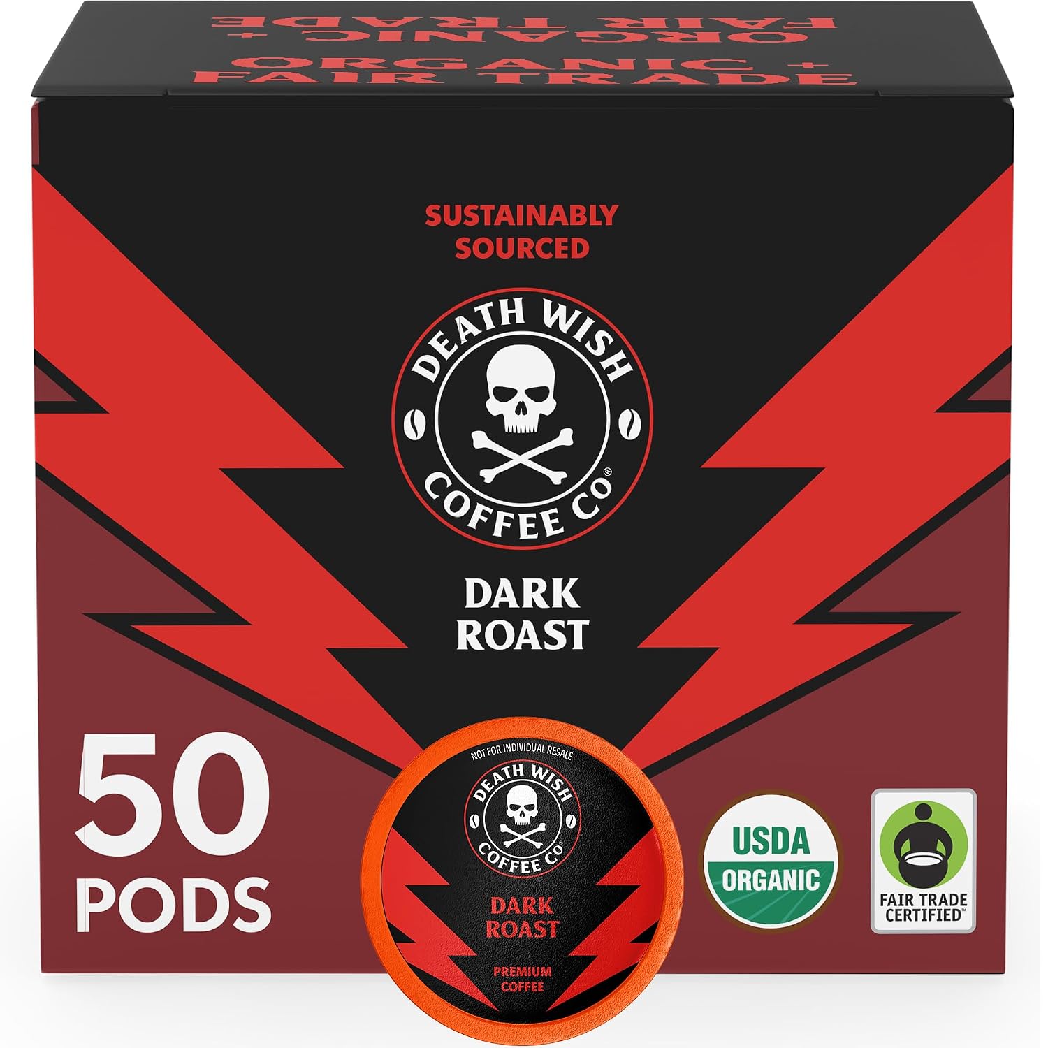 Death Wish Coffee Dark Roast Single Serve Coffee Pods, Organic, 50 Count | Fair Trade Arabica & Robusta, Baker's Chocolate & Cherry Notes, Low Acidity, Heavy Smooth Body, Bold & Intense
