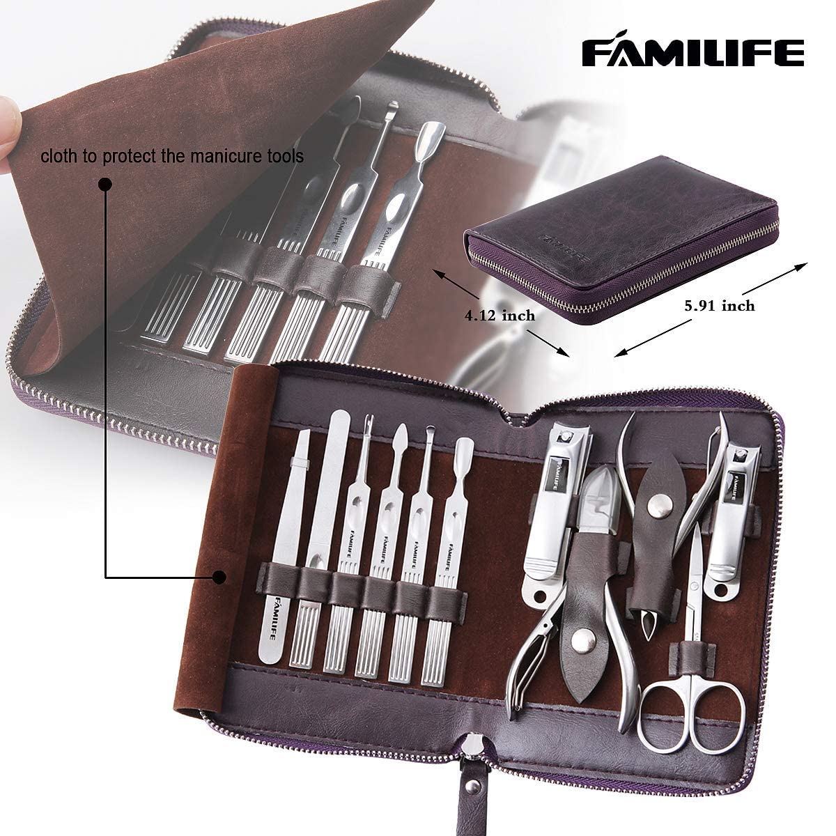FAMILIFE Stainless Steel Manicure Set 11-in-1 Professional Nail Clipper Kit