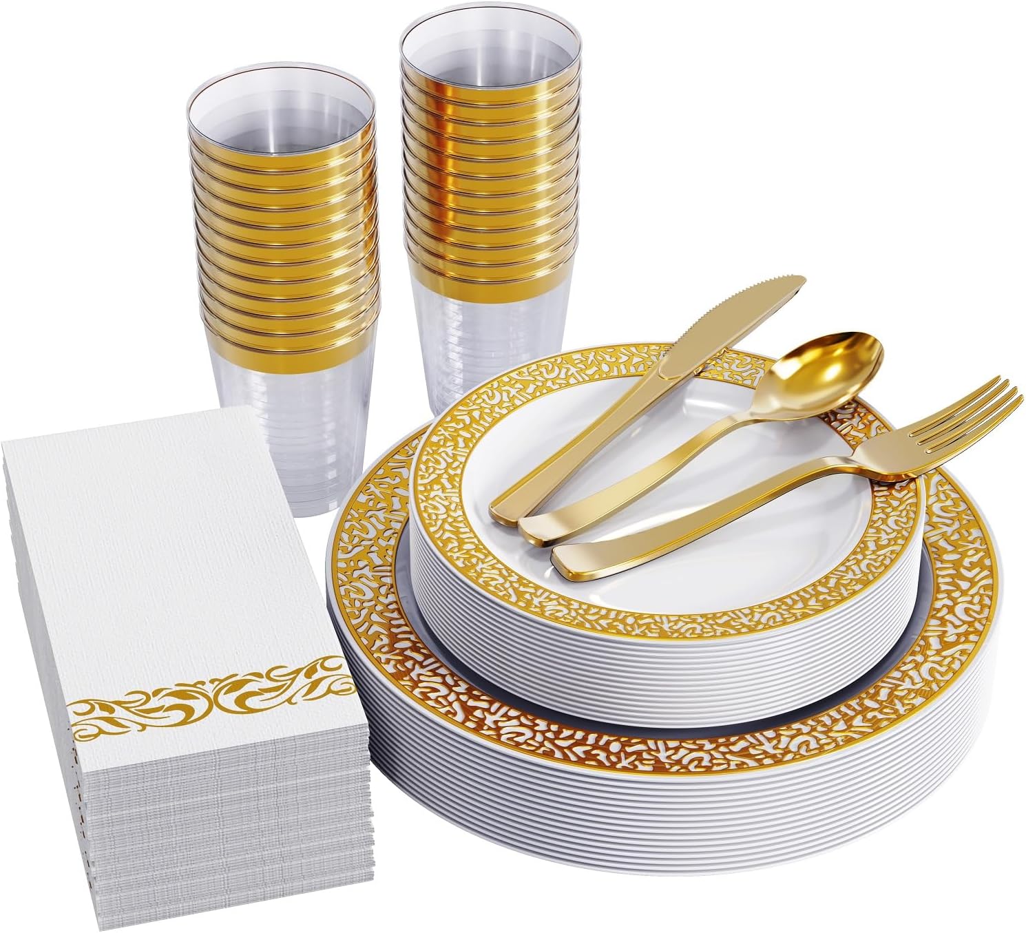 FOCUSLINE 175 Pieces Rose Gold Disposable Dinnerware Set for 25 Guests