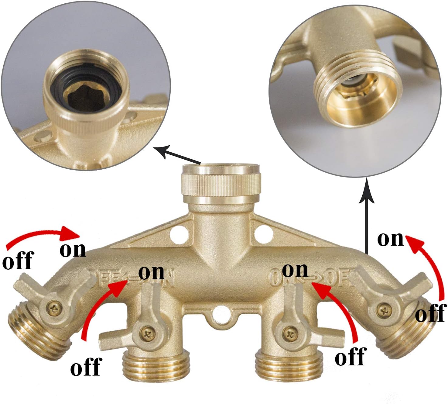 Hourleey Brass Garden Hose Splitter (4 Way), Solid Brass Hose Connector 3/4", Hose Spigot Adapter 4 Valves with 4 Extra Rubber Washers