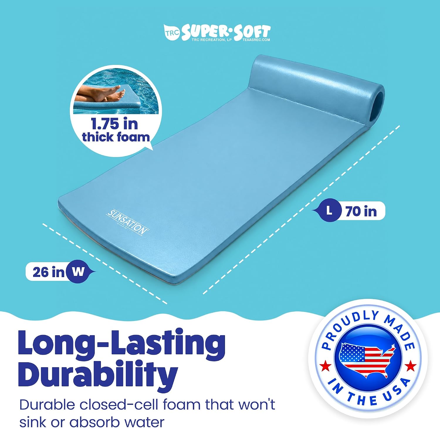 TRC Recreation Sunsation 1.75" Thick Foam Pool Float Lounger w/ Headrest for Lounging & Sunbathing in Swimming Pools, Beaches & Lakes, 70" x 26