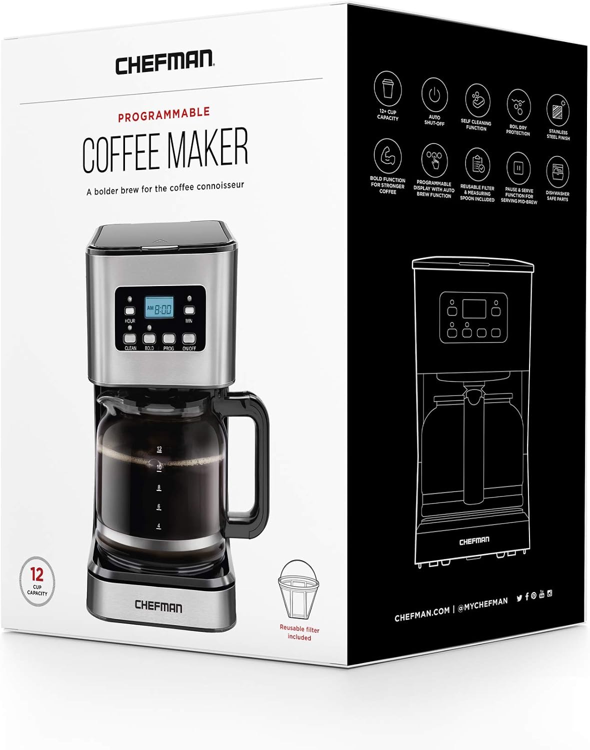 Chefman 12-Cup Programmable Coffee Maker, Electric Brewer, Auto Shut Off, Digital Display w/Auto-Brew Function, Anti-Drip Pot
