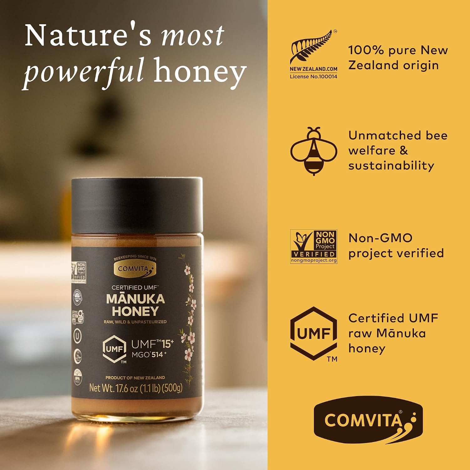 Comvita Manuka Honey UMF 15+ (MGO 514+) Raw, Monofloral - 250g (8.8 Oz) | Raw Manuka Honey New Zealand, Pure Unpasteurized Honey, Superfood for Immune Health, Wild, Use in Tea, Non-GMO