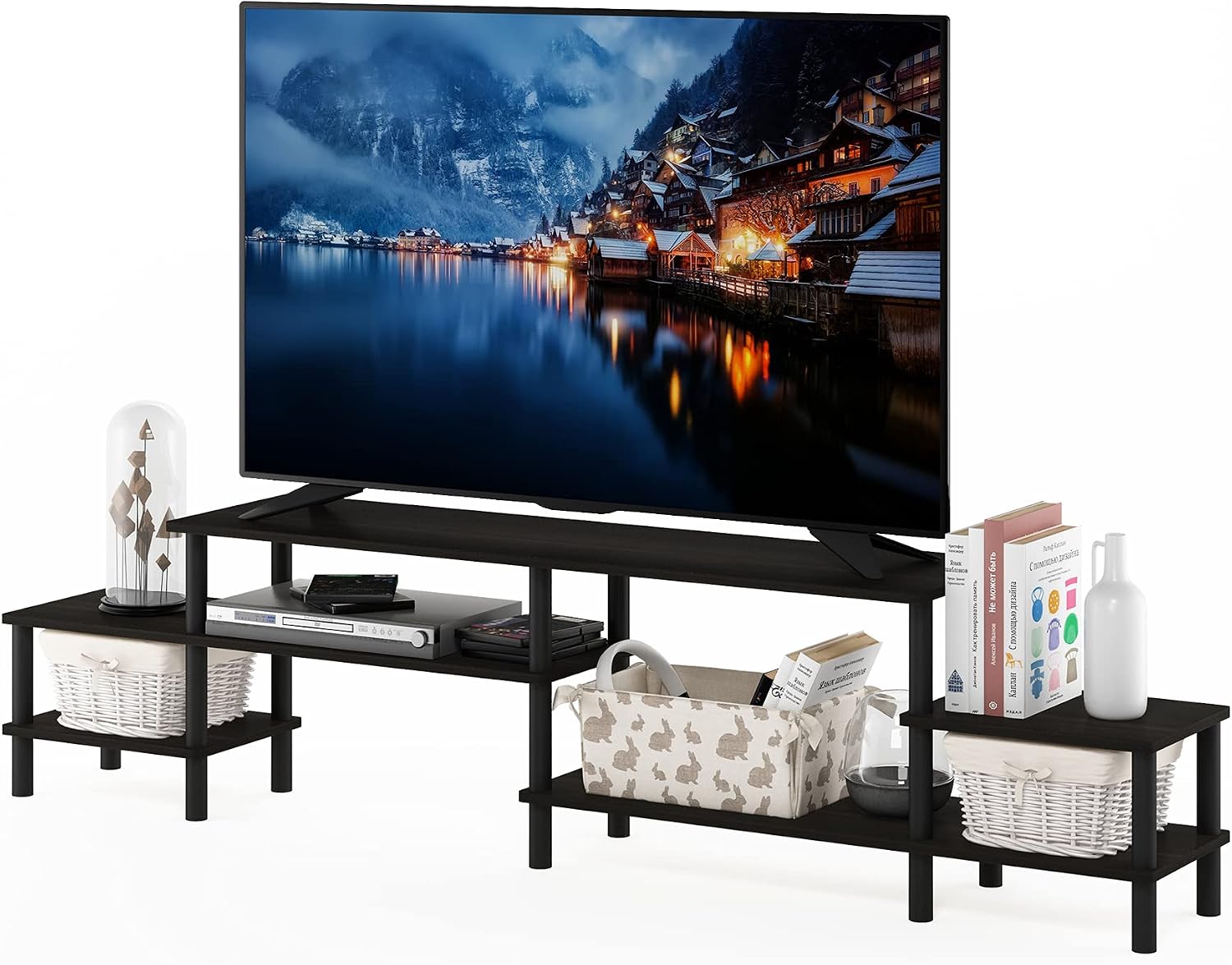 Furinno Nelly TV Stand, 3-Tier Entertainment Center with Open Shelves Storage, TV Console for TV up to 55 Inch, Soft Edges, for Living Room, Bedroom, Black