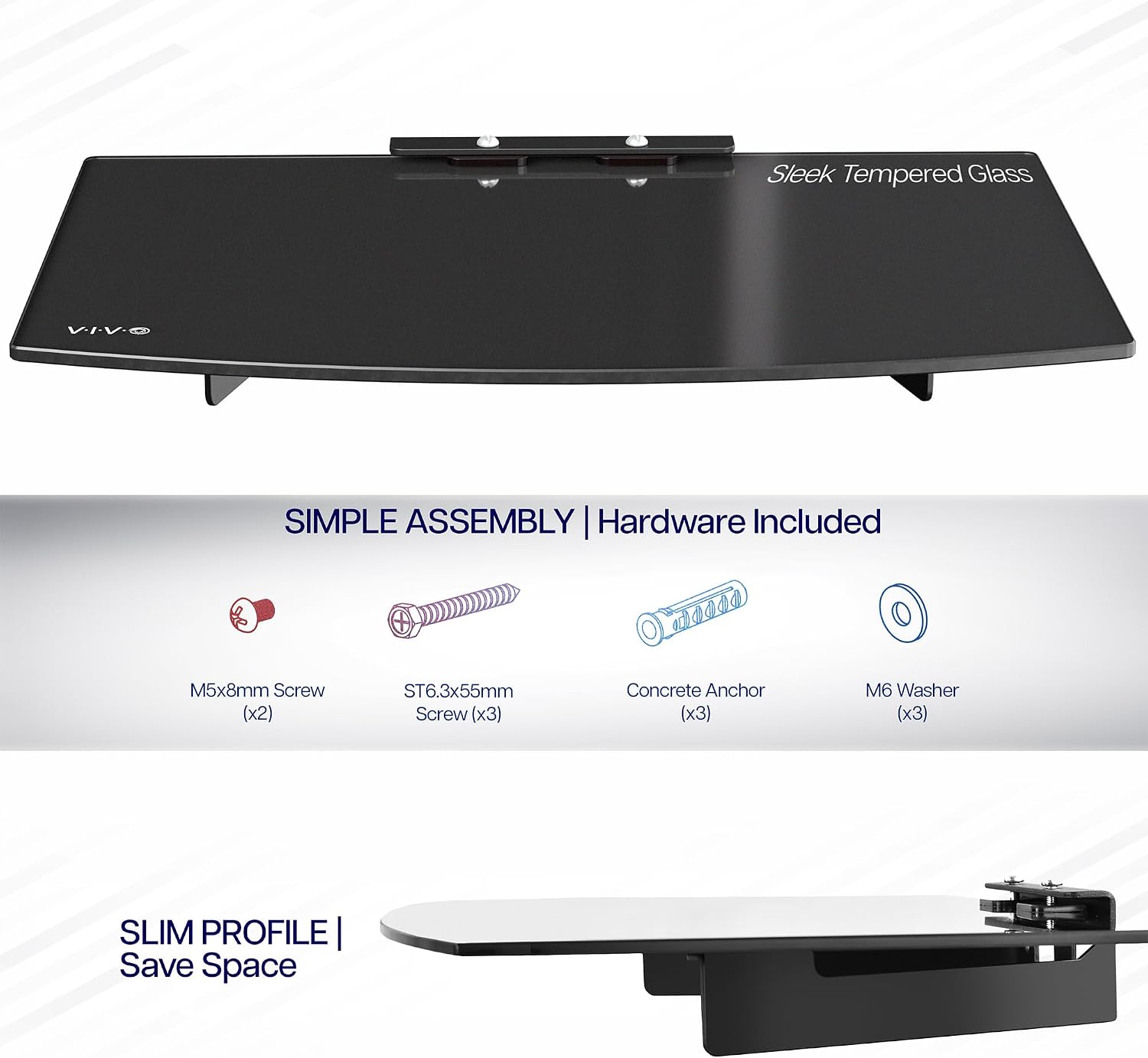 VIVO Floating Wall Mount Tempered Glass Shelf for DVD Player, Audio, Gaming System, Streaming Devices, Black, MOUNT-SF011