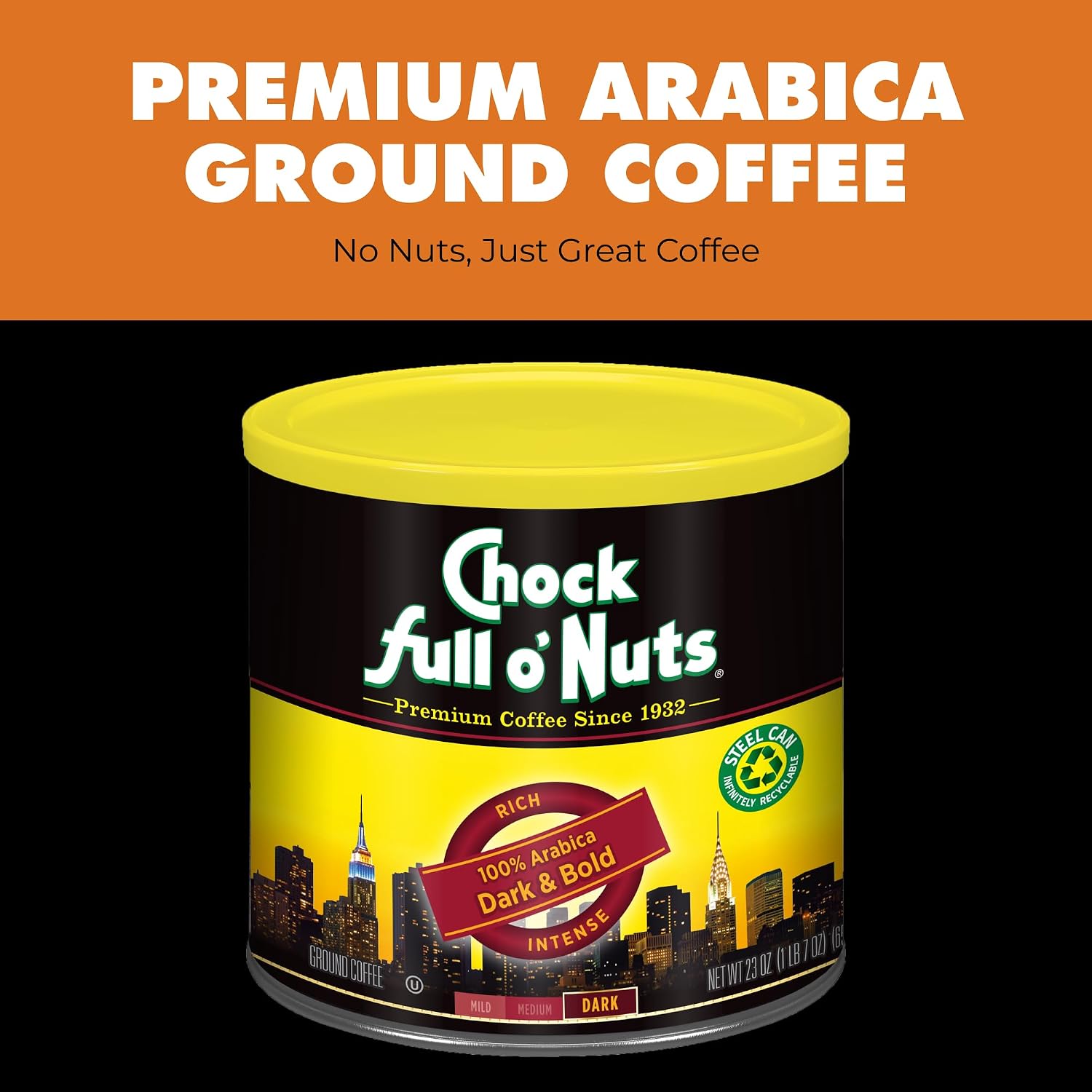 Chock Full o' Nuts French Roast Ground Coffee – Premium Beans in Recyclable Steel Can – Rich Flavor & Aroma, Dark Roast – Perfect for Drip, Pour-Over, Percolator – 26 Oz Can