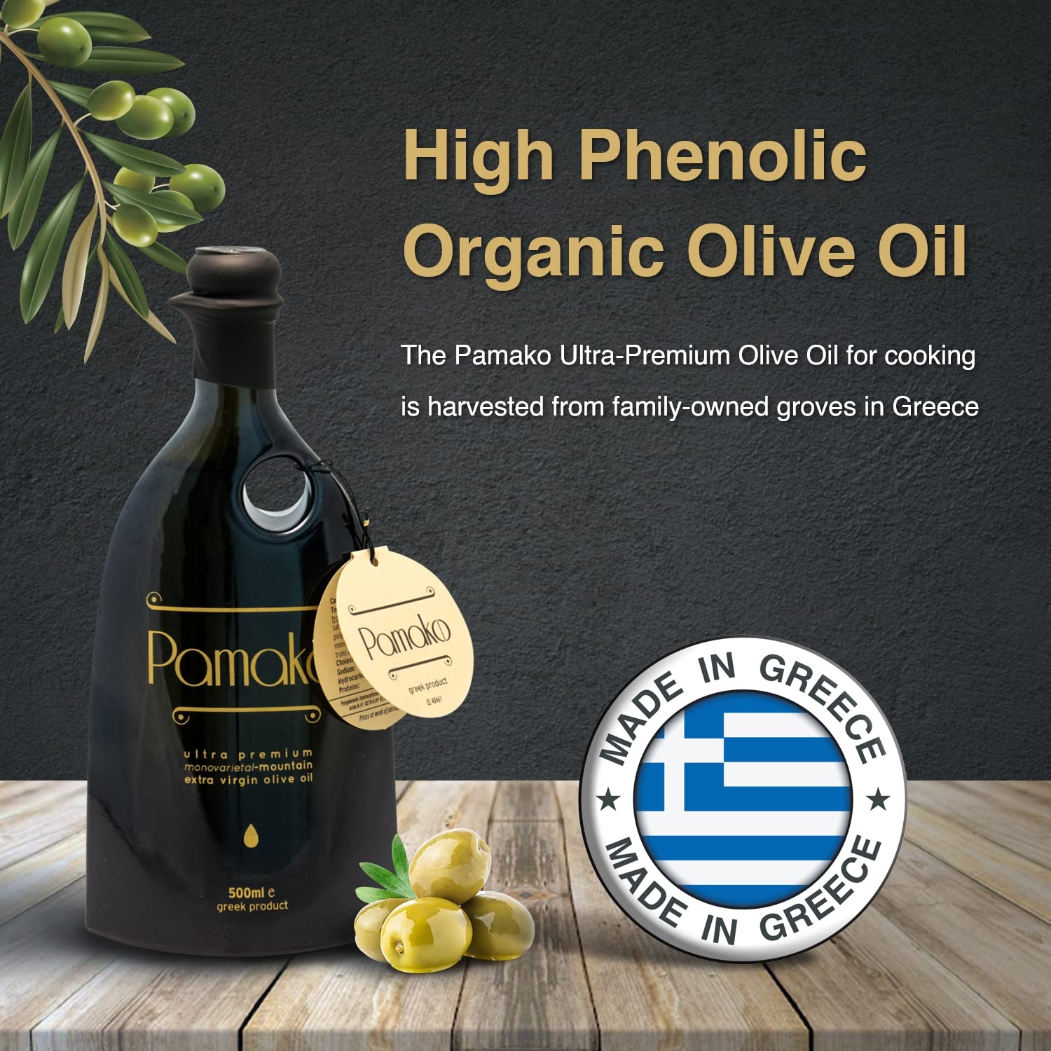 Pamako Ultra-Premium Monovarietal Mountain Organic Olive Oil | 500ml | 2023-4 Harvest | Cold Pressed Organic Evoo From Greece | 2039mg/kg