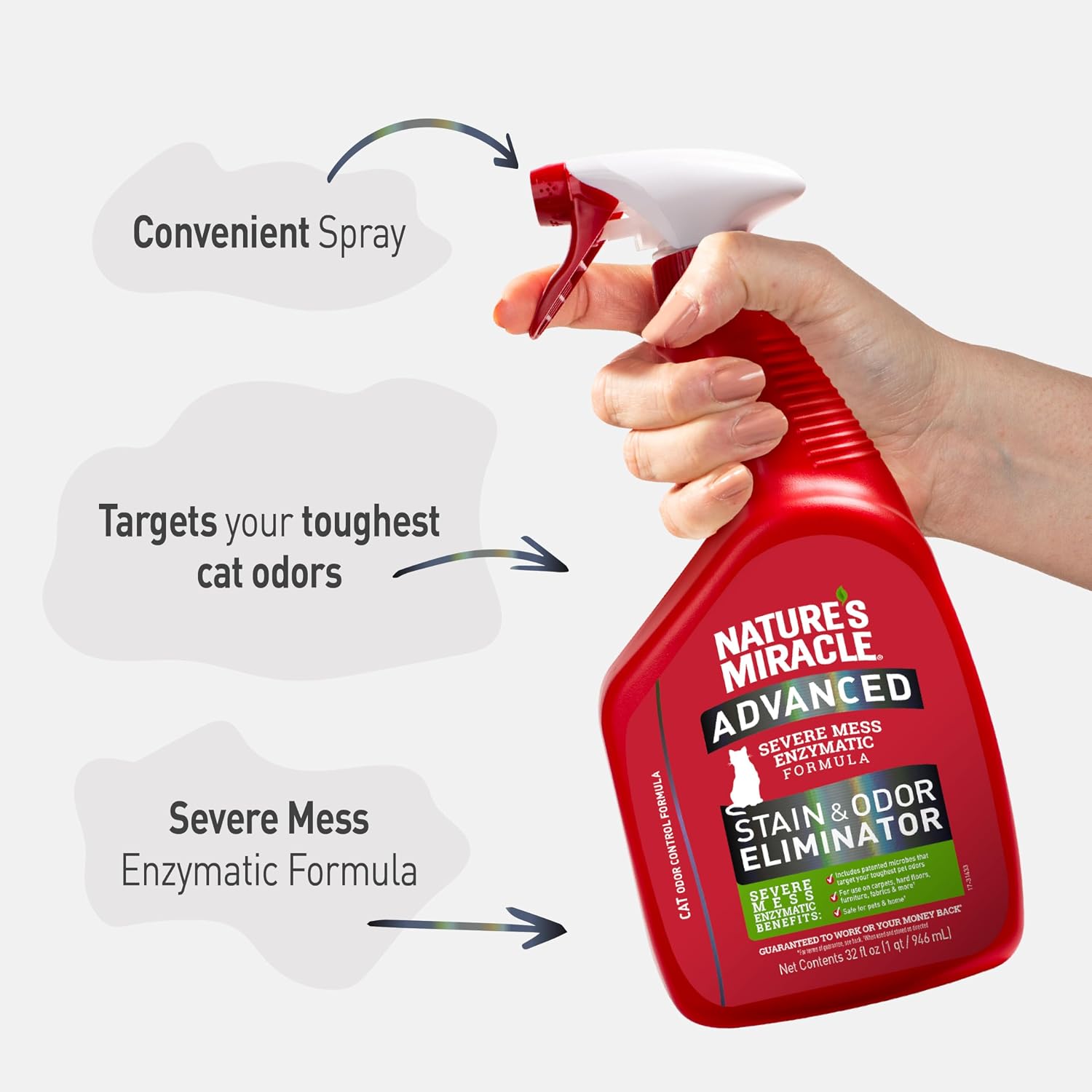 Nature’s Miracle Advanced Cat Stain & Odor Eliminator, Severe Mess, 32 oz | Enzymatic Cleaner Eliminates the Toughest Cat Messes, For Use on Multiple Surfaces, Safe For Pets and Home*, Fresh Scent
