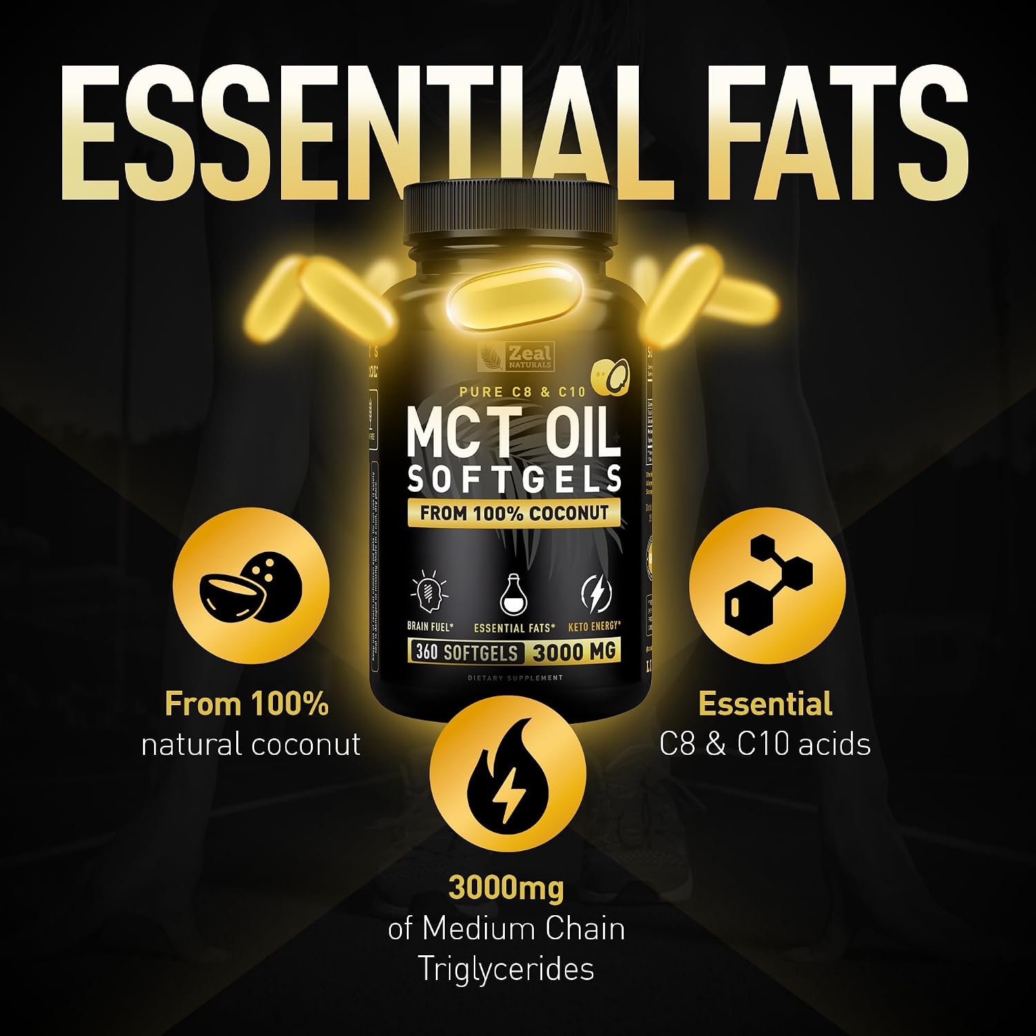Pure MCT Oil Capsules (360 Softgels | 3000mg) 4 Month Supply Keto Pills w Unrefined Coconut - C10 & C8 Brain Fuel, Energy, Octane Ketosis