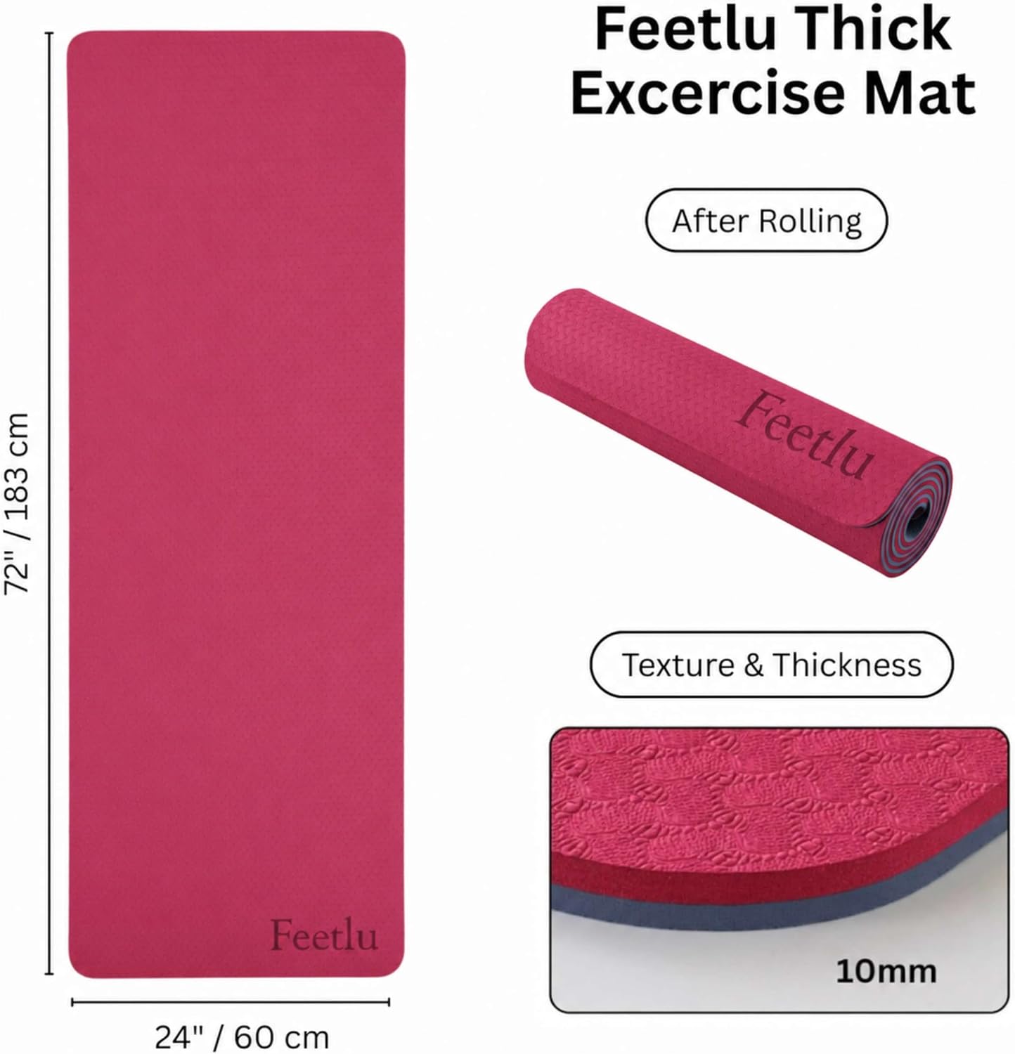Extra Thick Yoga Mat with Carry Strap, 10mm Non-Slip Exercise Mat, 72 x 24 Inch Cushioned Workout Mat for Yoga, Pilates, Stretching & Floor Exercises