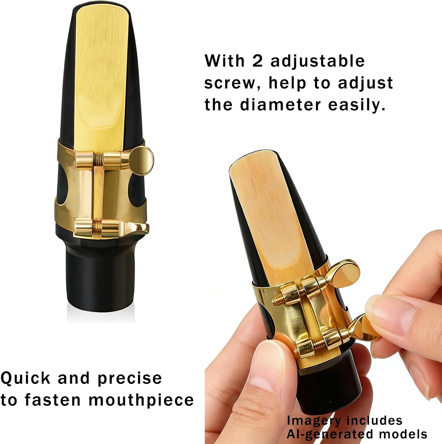 Gold Plated Brass Saxophone Ligature for Alto Tenor Sax, Adjustable Double-Screw Mouthpiece Ligature