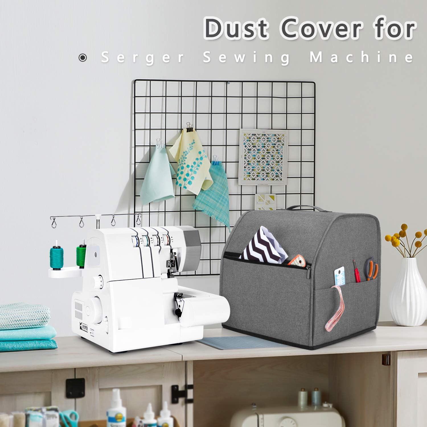 LUXJA Serger Machine Cover with Storage Pockets, Gray Dots