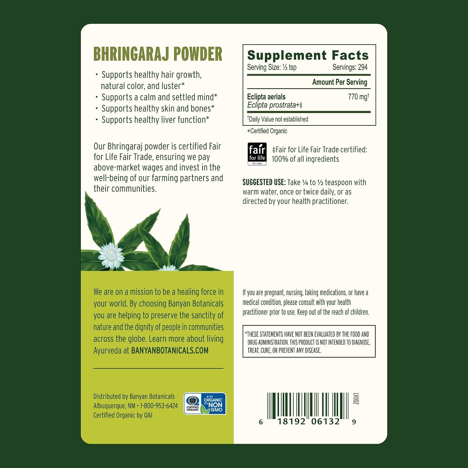 Banyan Botanicals Bhringaraj Powder – Organic Eclipta Prostrata Leaf Powder – for a Calm Mind and Healthy Hair, Nails, Bones, and Teeth* – ½ lb. – Non-GMO FFL Vegan