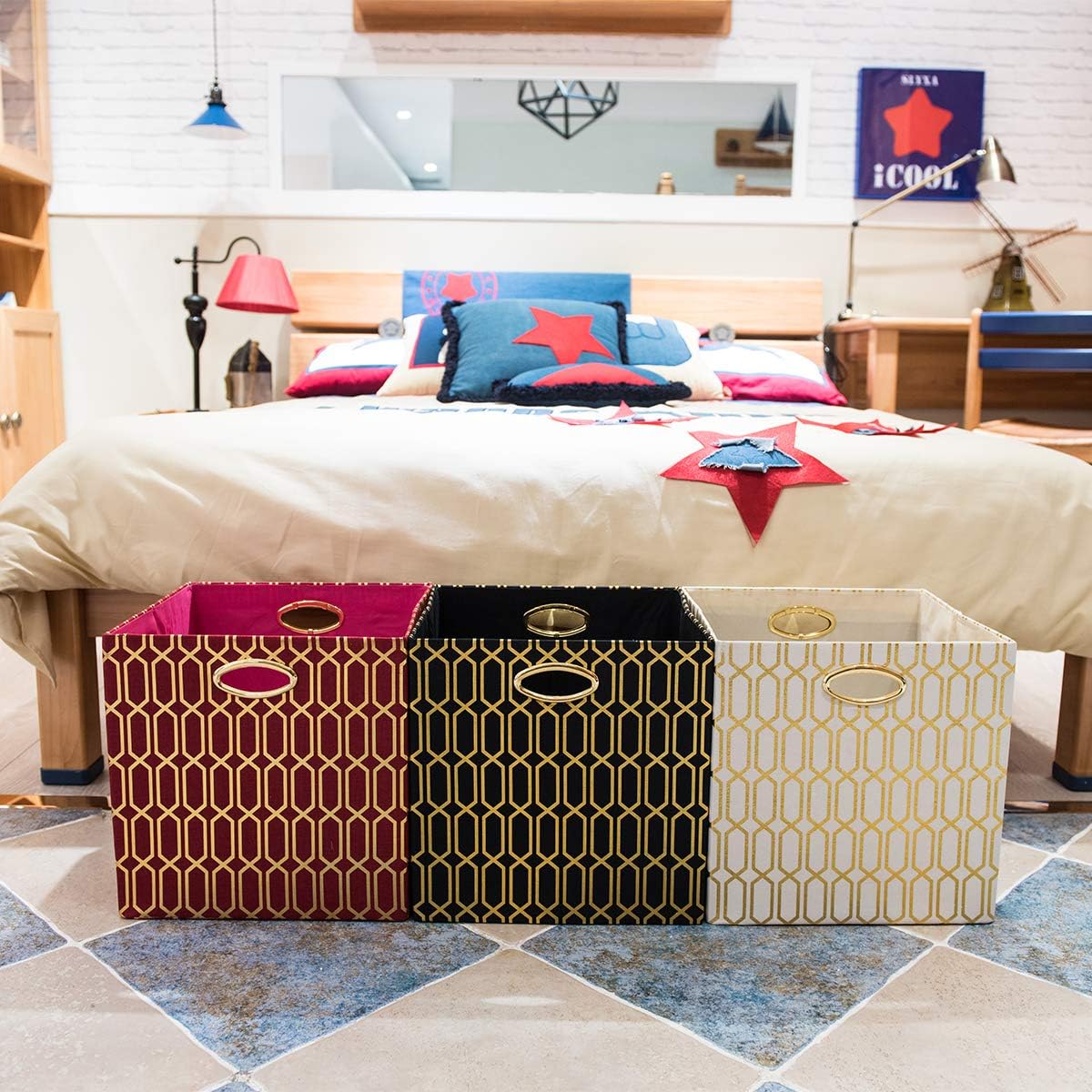 Posprica Storage Bins, Storage Cubes,13×13 Fabric Drawers Organizer Basket Boxes Containers (13×13×13/4pcs, Cream/gold geometry Pattern)