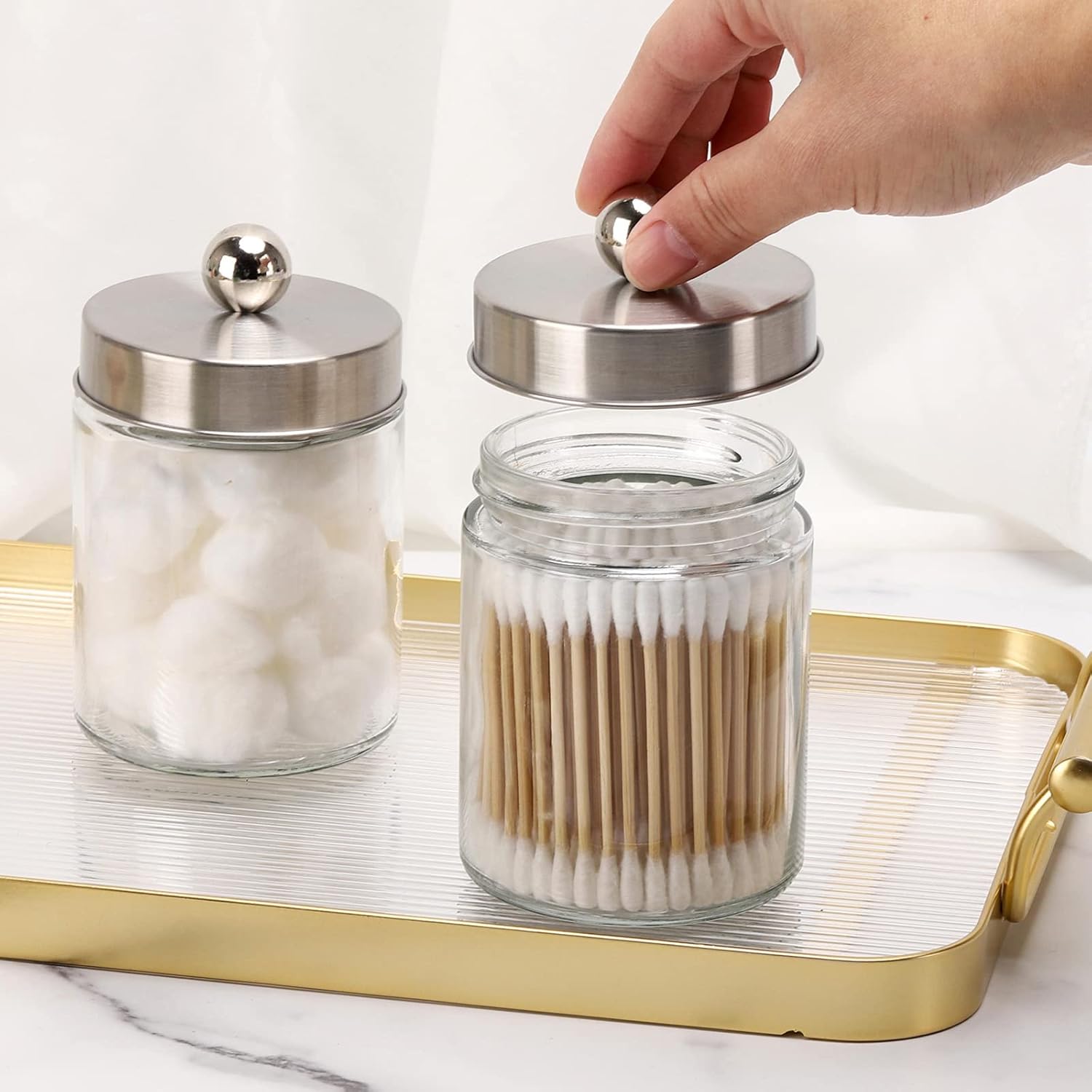 Tbestmax Glass Qtip Holder Dispenser, 10-Ounce Bathroom Containers Apothecary Jars with Metal Lids for Cotton Ball Swab Pad (4 Pack)