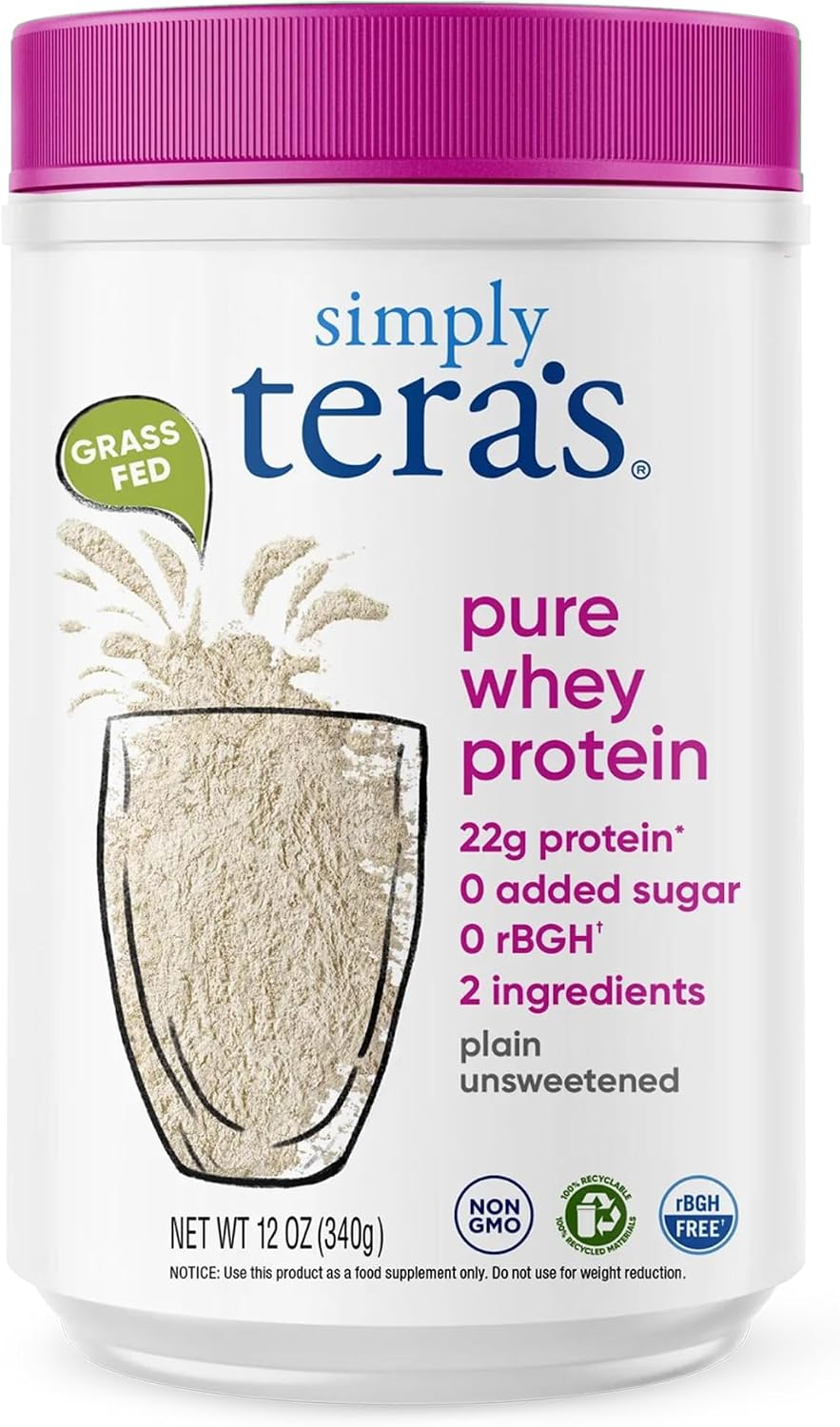 Simply tera's Pure Whey Protein Powder, Dark Chocolate, Clean Label - 12 Oz | Clean Whey Protein Powder, Made Without Artificial Sweeteners, Non-GMO, Kosher, rBGH-Free
