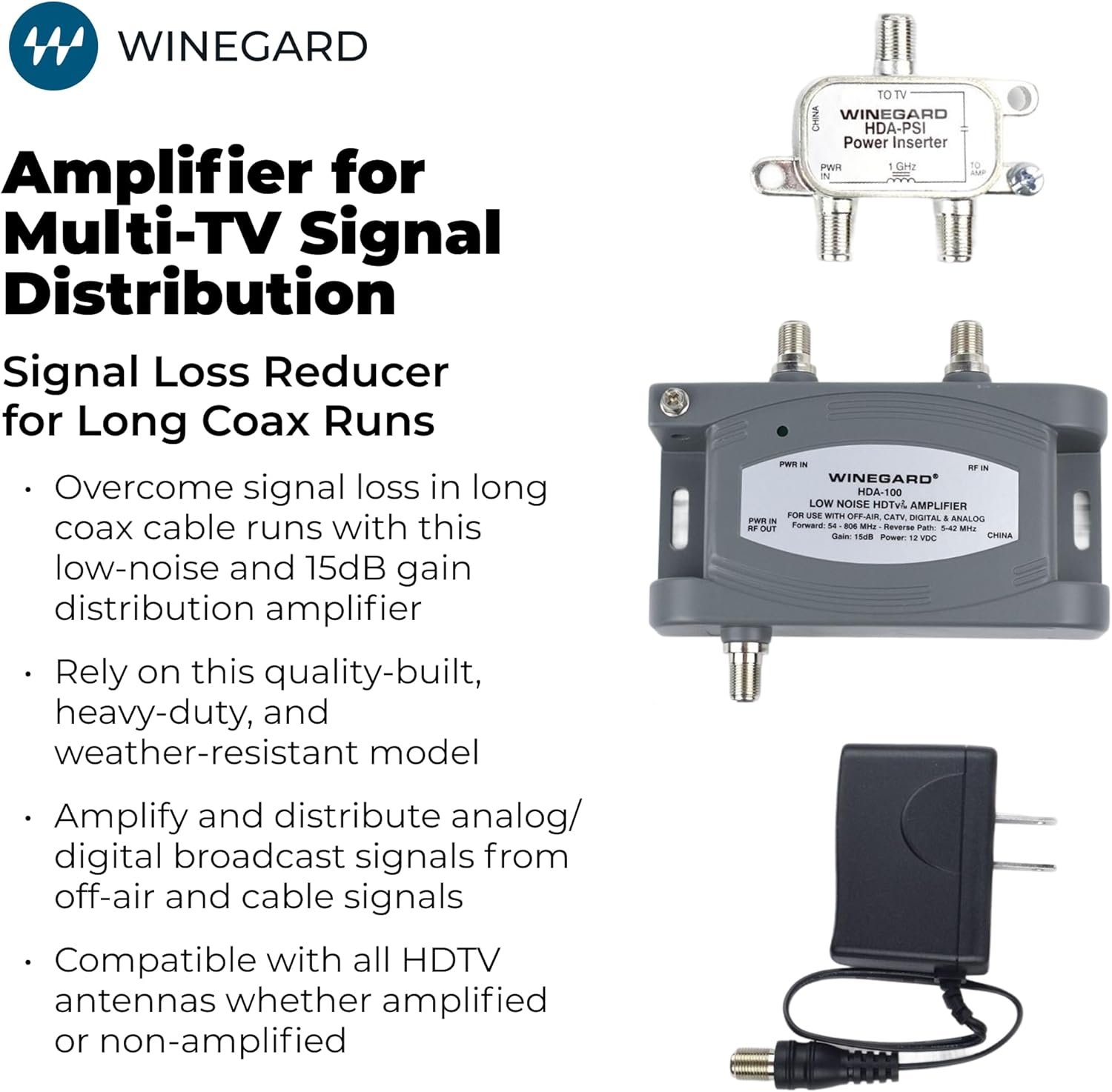 Winegard HDA-100 Distribution Amplifier 5-1000 Mhz 15dB, One Size