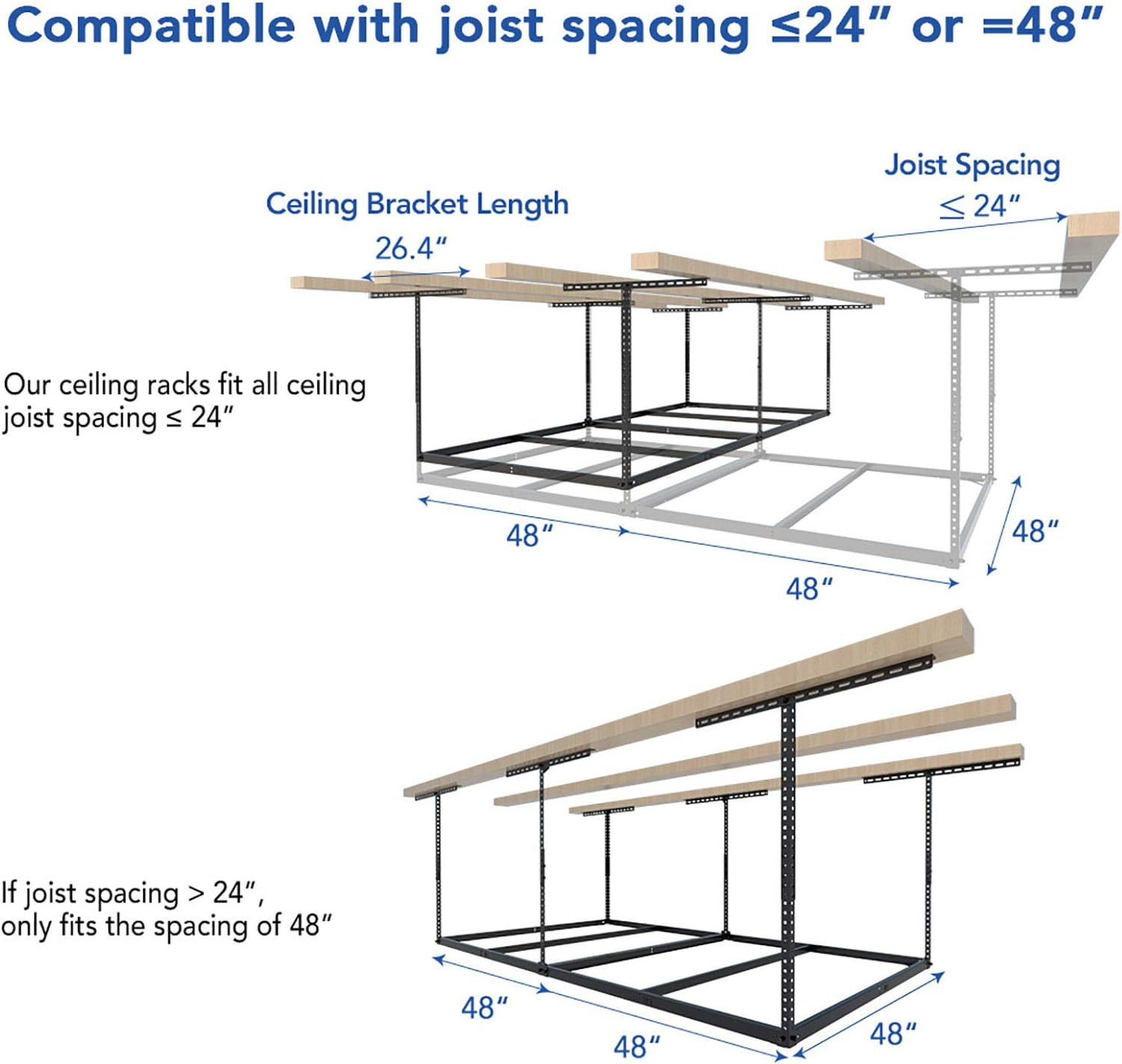 FLEXIMOUNTS 4x8 Overhead Garage Storage Rack, Without Decking, Black