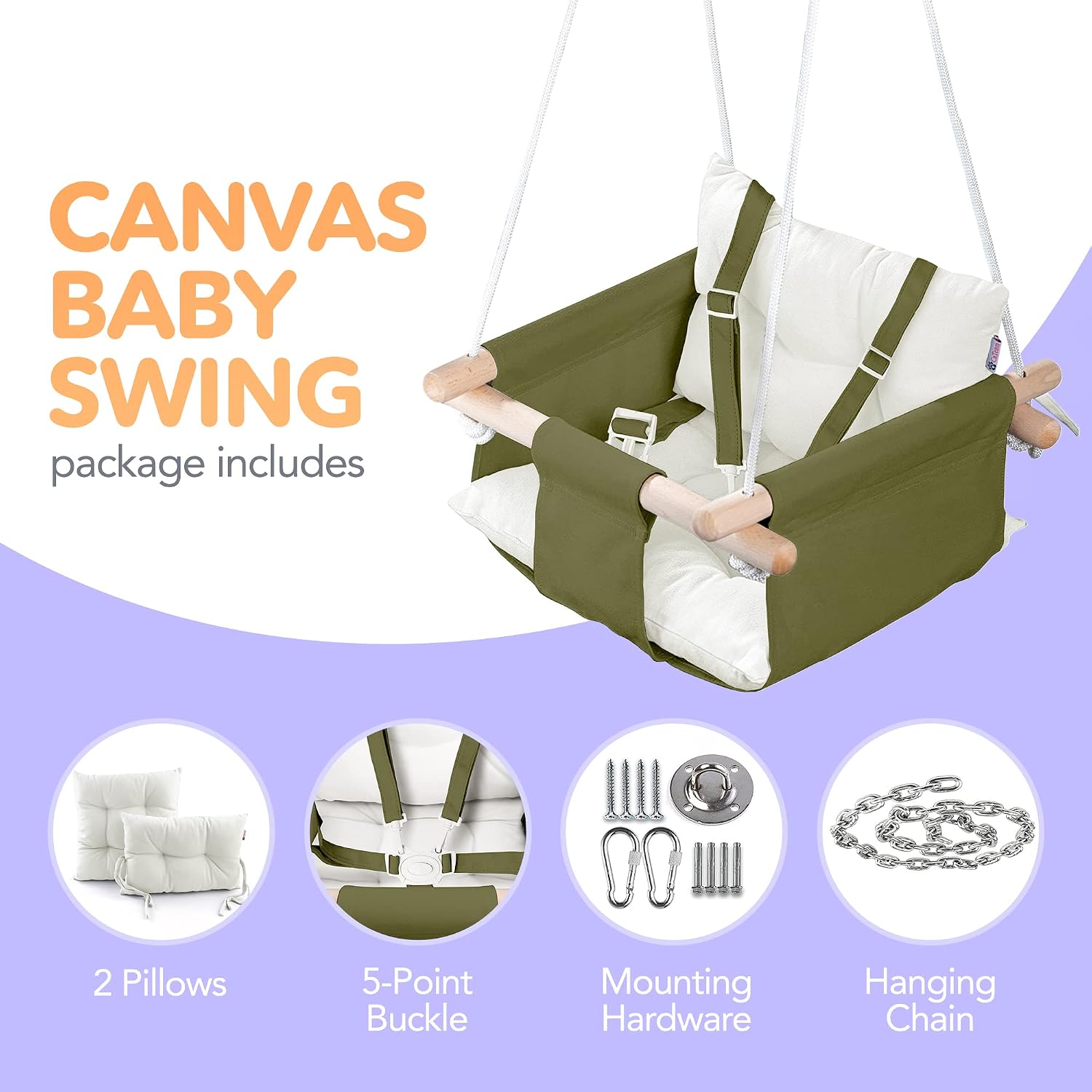 CaTeam Canvas Baby Swing Seat with 5-Point Safety Belt — Wooden Hanging Toddler Swing, Indoor & Outdoor, Ages 1-4, Ceiling Mount Hardware Included
