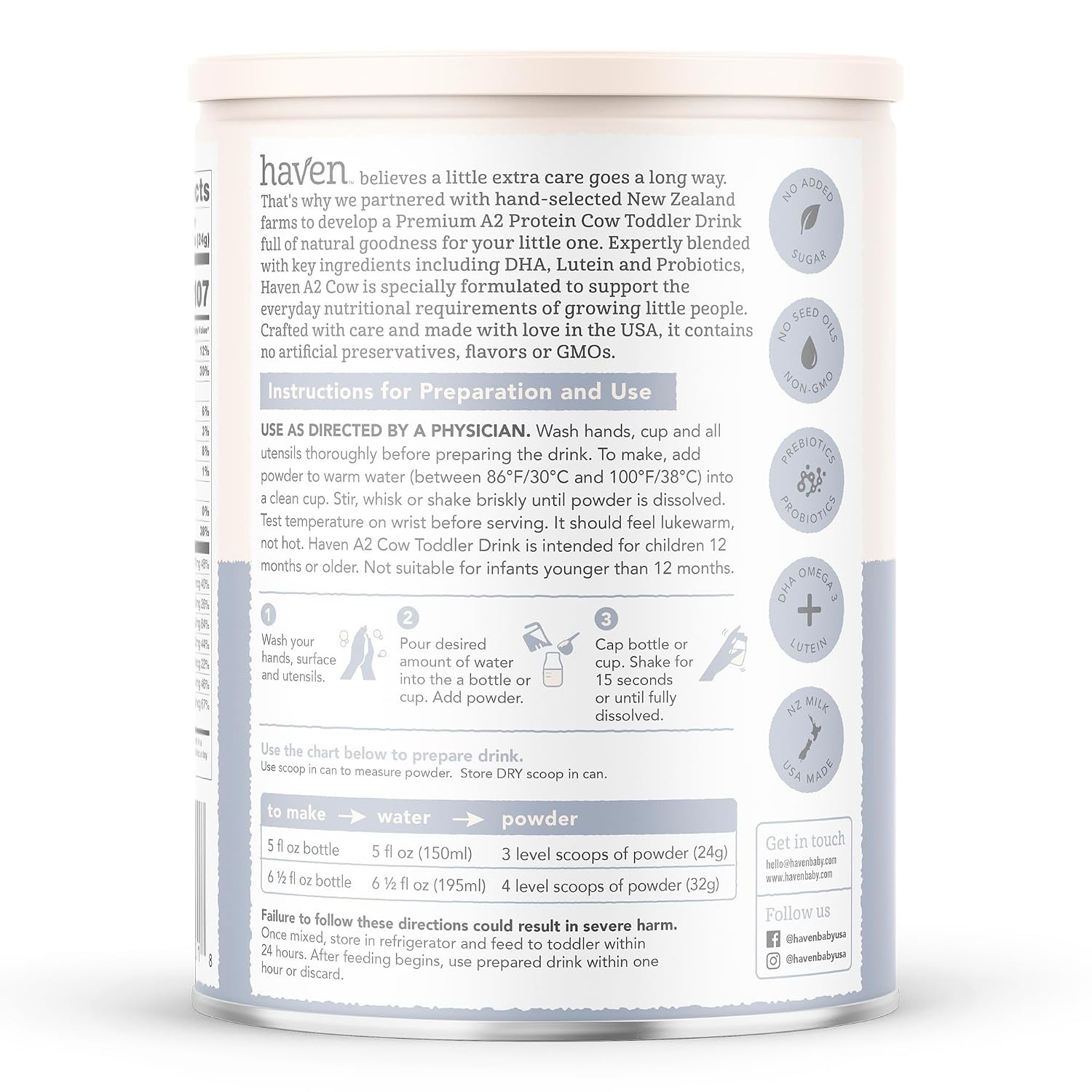 Haven A2 Cow Toddler Formula, Whole Milk, 12+ Months, 14.1oz | No Added Sugar, No Seed Oils, DHA Omega-3, Grass-Fed New Zealand Milk, Probiotics & Prebiotics, Lutein, Easy to Digest