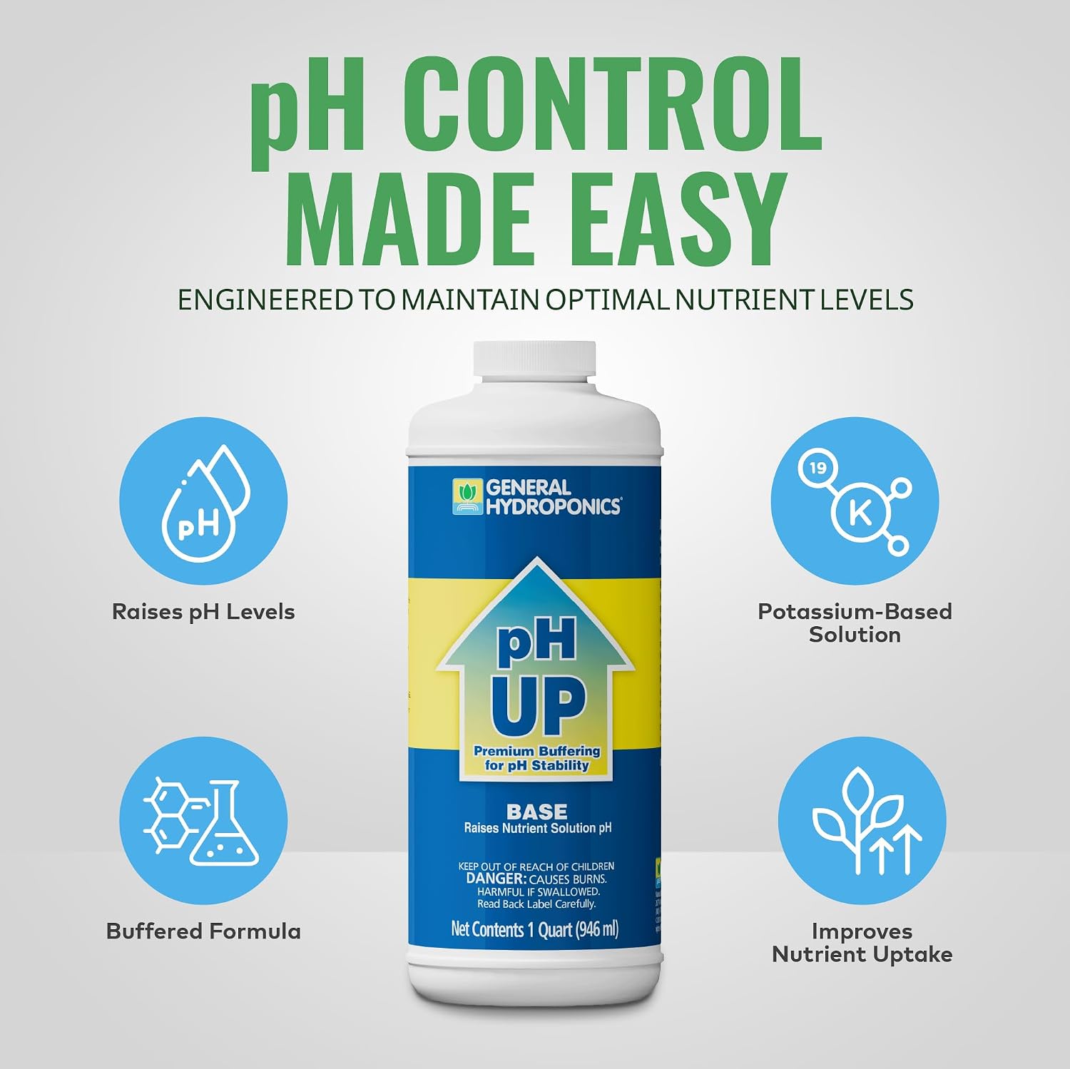General Hydroponics pH Up Liquid Premium Buffering For pH Stability, Quart