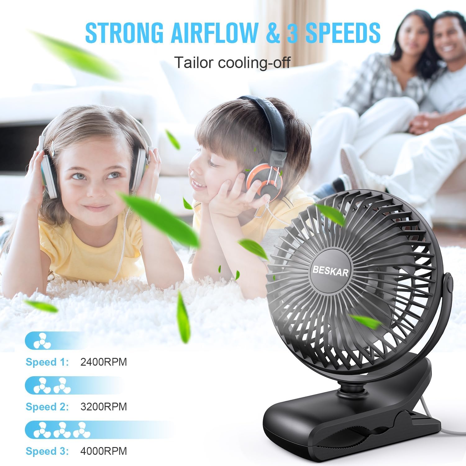BESKAR USB Clip on Fan, Portable Small Desk Fan with Cord Powered