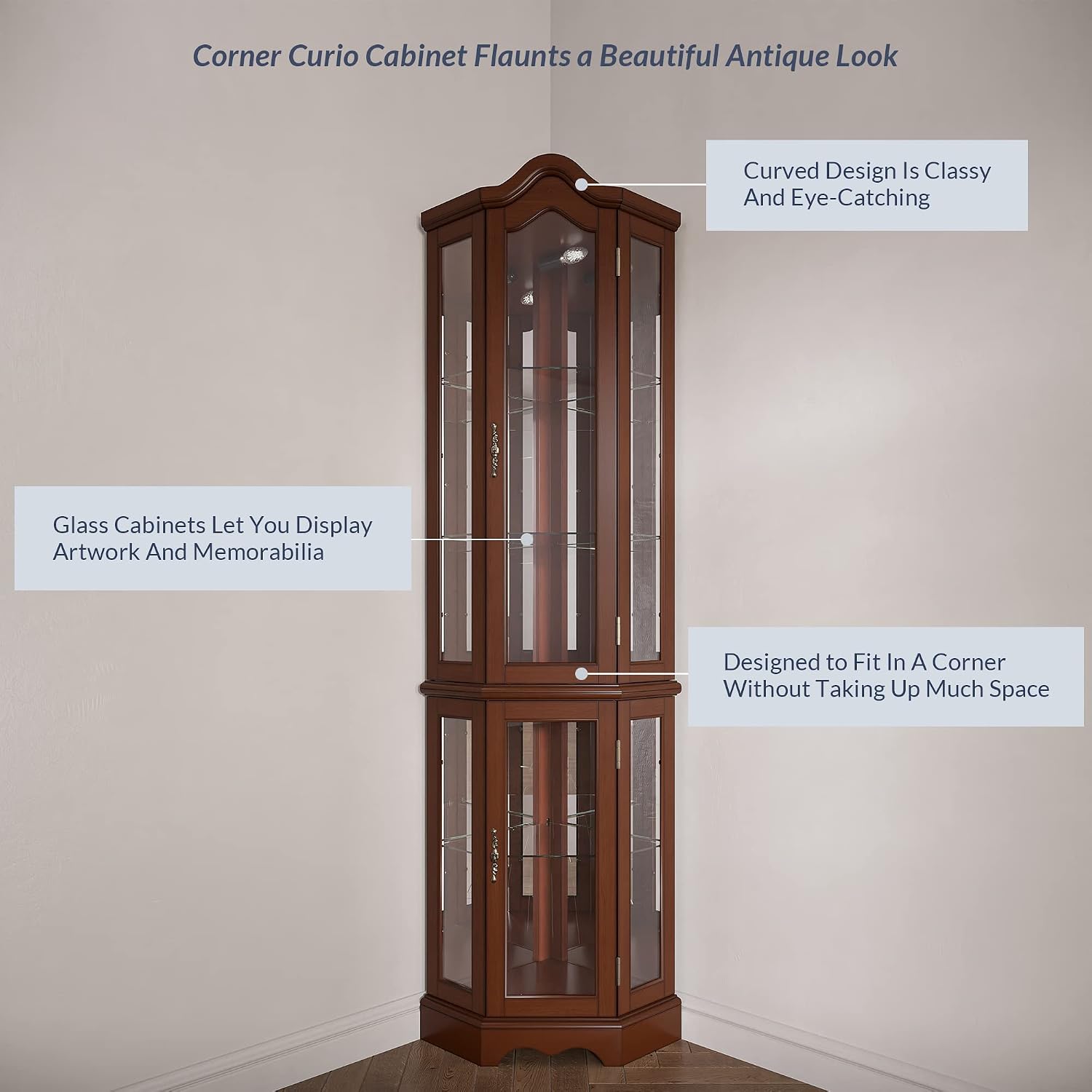 BELLEZE Lighted Corner Display Curved Top Curio Cabinet Wooden Shelving Unit with Tempered Glass Door
