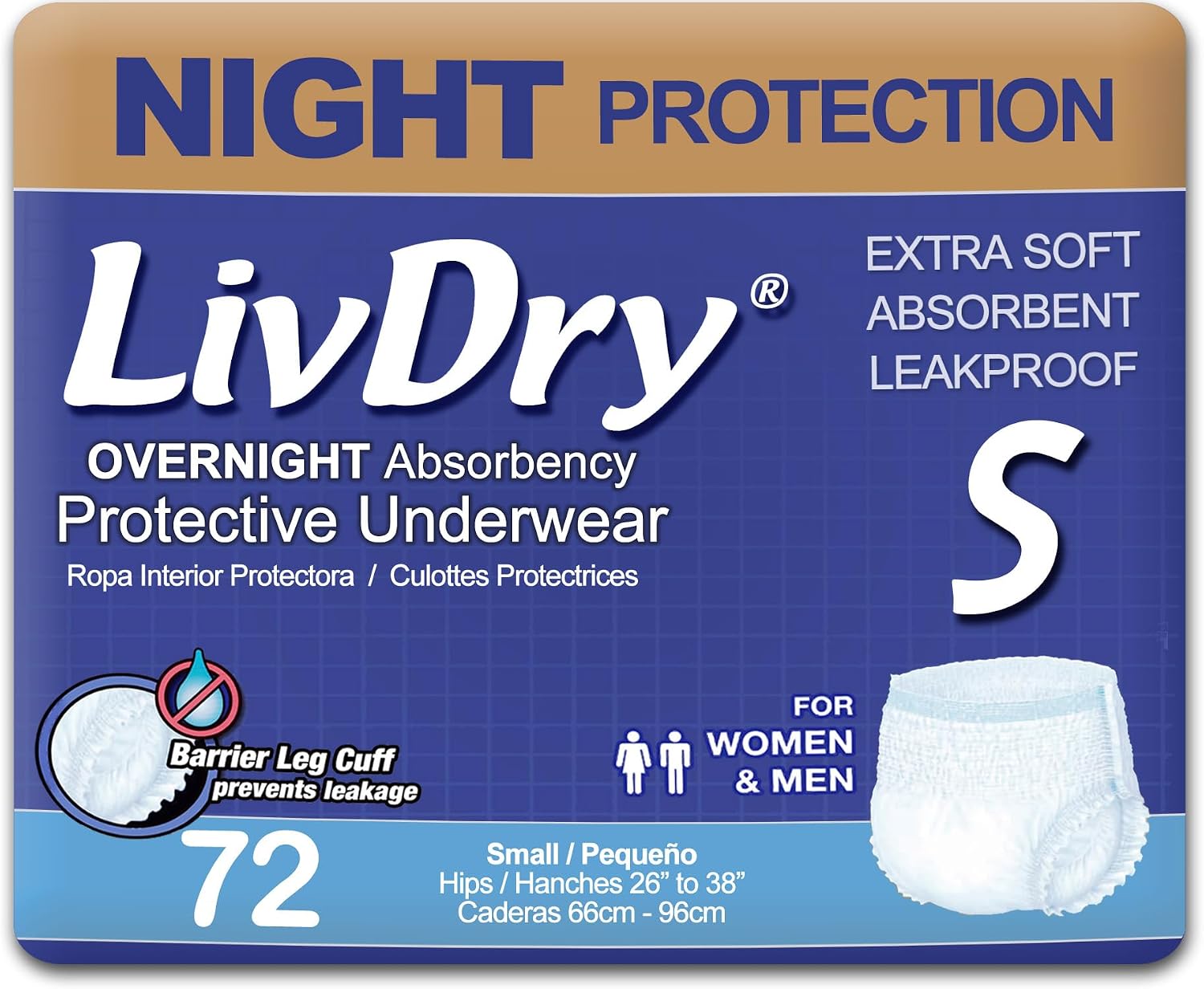 LivDry Adult XL Incontinence Underwear, Overnight Comfort Absorbency, Leak Protection, X-Large, 48-Pack
